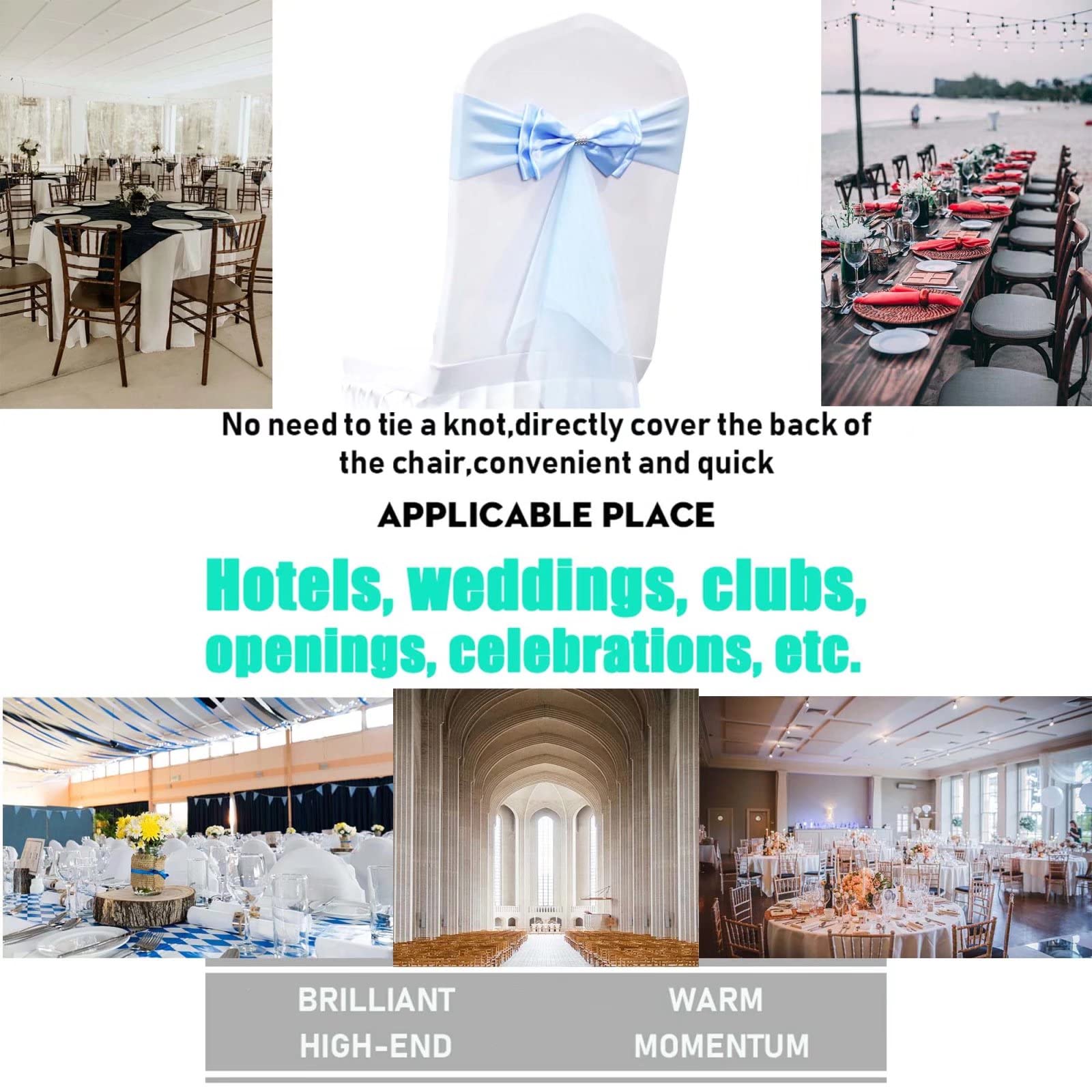 Stretch Spandex Chair Sashes & Bows - 100pcs Azure Polyester Chair Ribbons for Wedding, Banquet & Party Decorations - Perfect for Hotel Events, Bridal Showers & Reception Decor