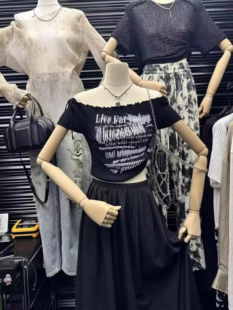 Women's Black Letter Print Short Sleeve Knit T-Shirt - 2024 Summer Red Slim Off-Shoulder Lace-Up Top | Trendy Streetwear for Casual Outings, Beach Vacations & Night Out