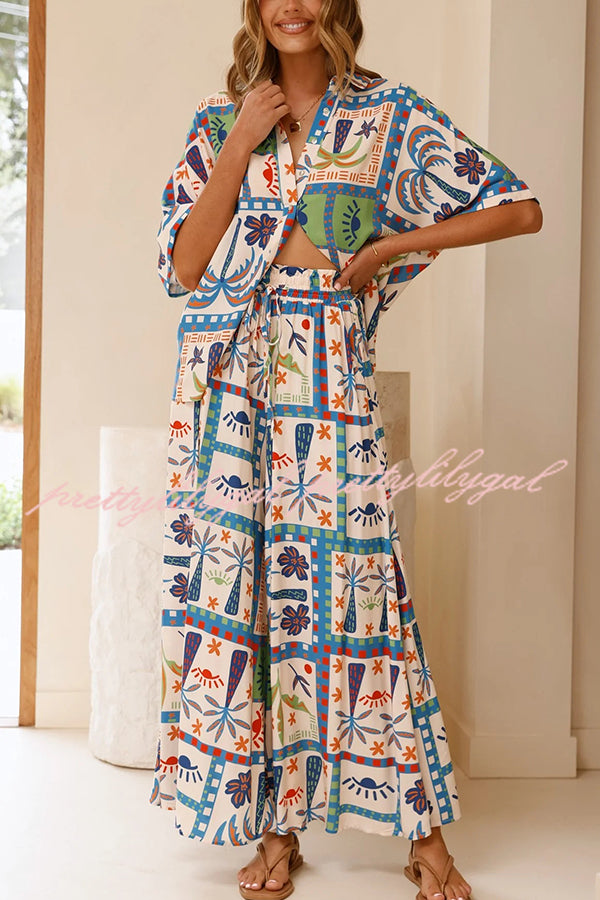 Stylish Floral Print Lapel Short Sleeve Blouse with Elastic Waist Casual Wide Leg Pants Set - Perfect for Summer Outfits, Beach Vacations & Boho Fashion