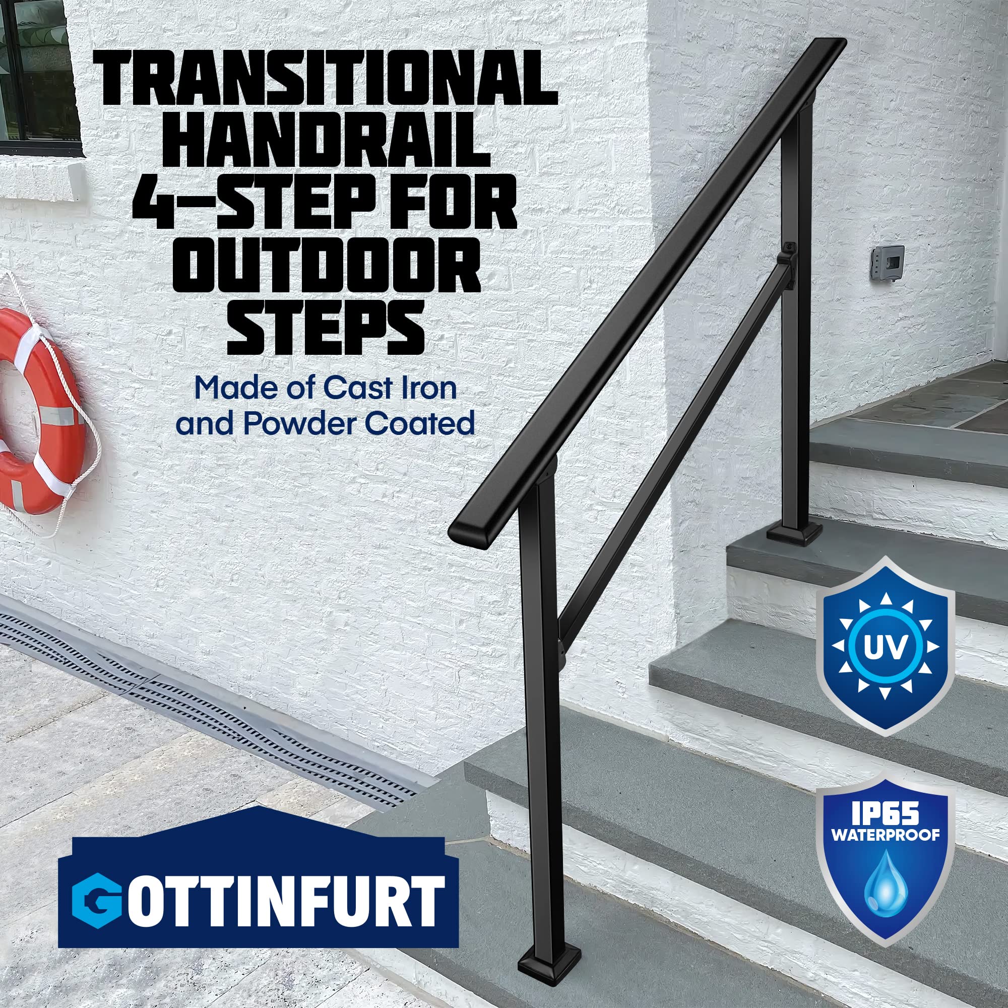 Adjustable Handrails for Outdoor Steps - 3 to 4 Step Versatile Stair Handrail with Hook & Easy Installation Kit | Non-Slip Porch Railing for Seniors & Safety | Perfect for Deck, Patio, and Home Entryway Steps