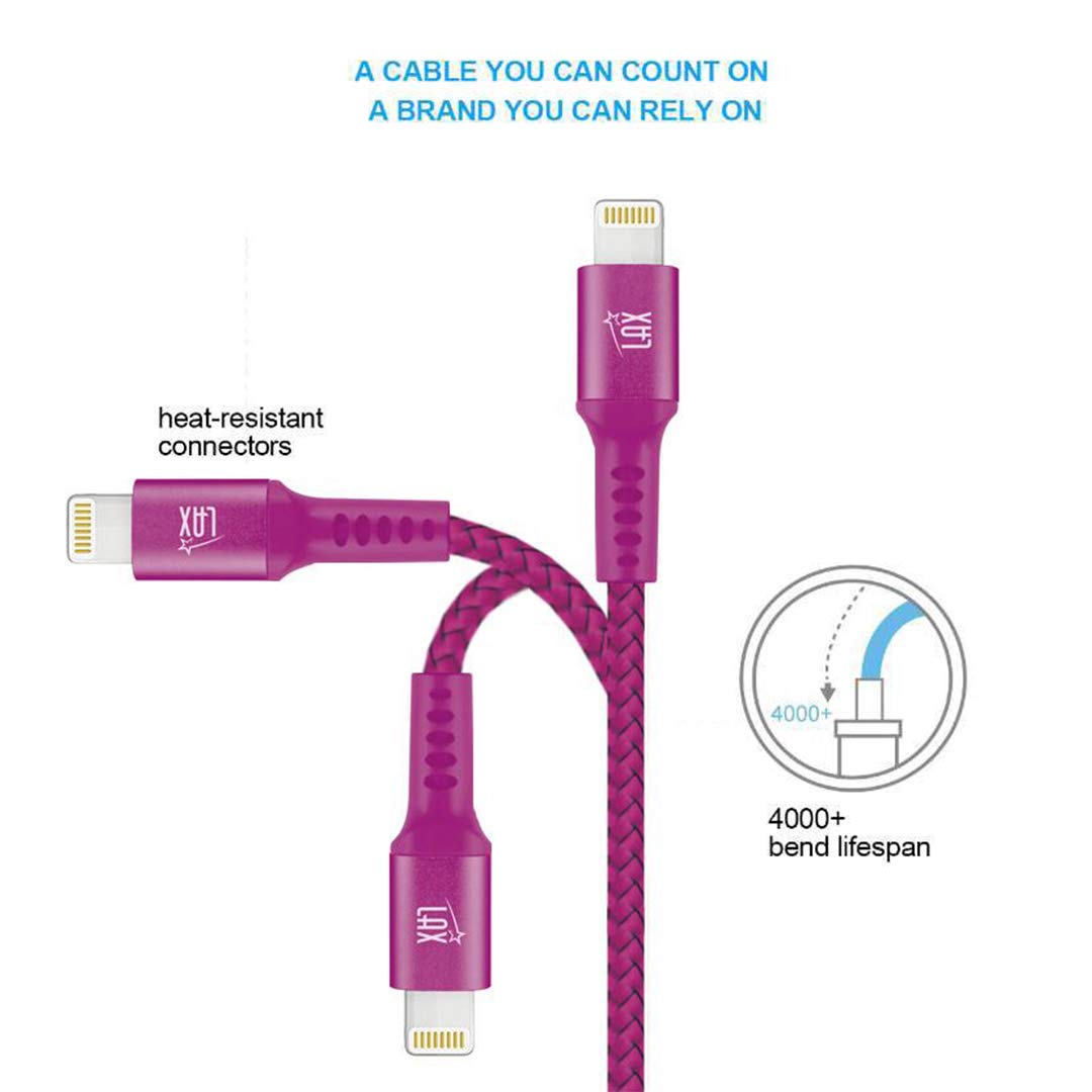 LAX MFi Certified iPhone Charger - Durable Braided Lightning to USB Cable for iPhone 11/12/13/14 Pro Max/XS/X/8/7, iPad & iPod | Fast Charging & Data Sync | Perfect for Home, Office & Travel Use