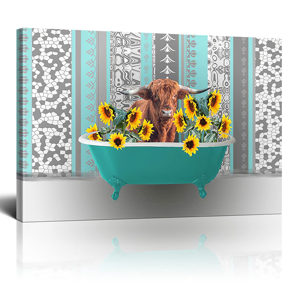 Farmhouse Cow Bathroom Wall Art - 16x24 Inch Ready to Hang Decor for Bath & Tub
