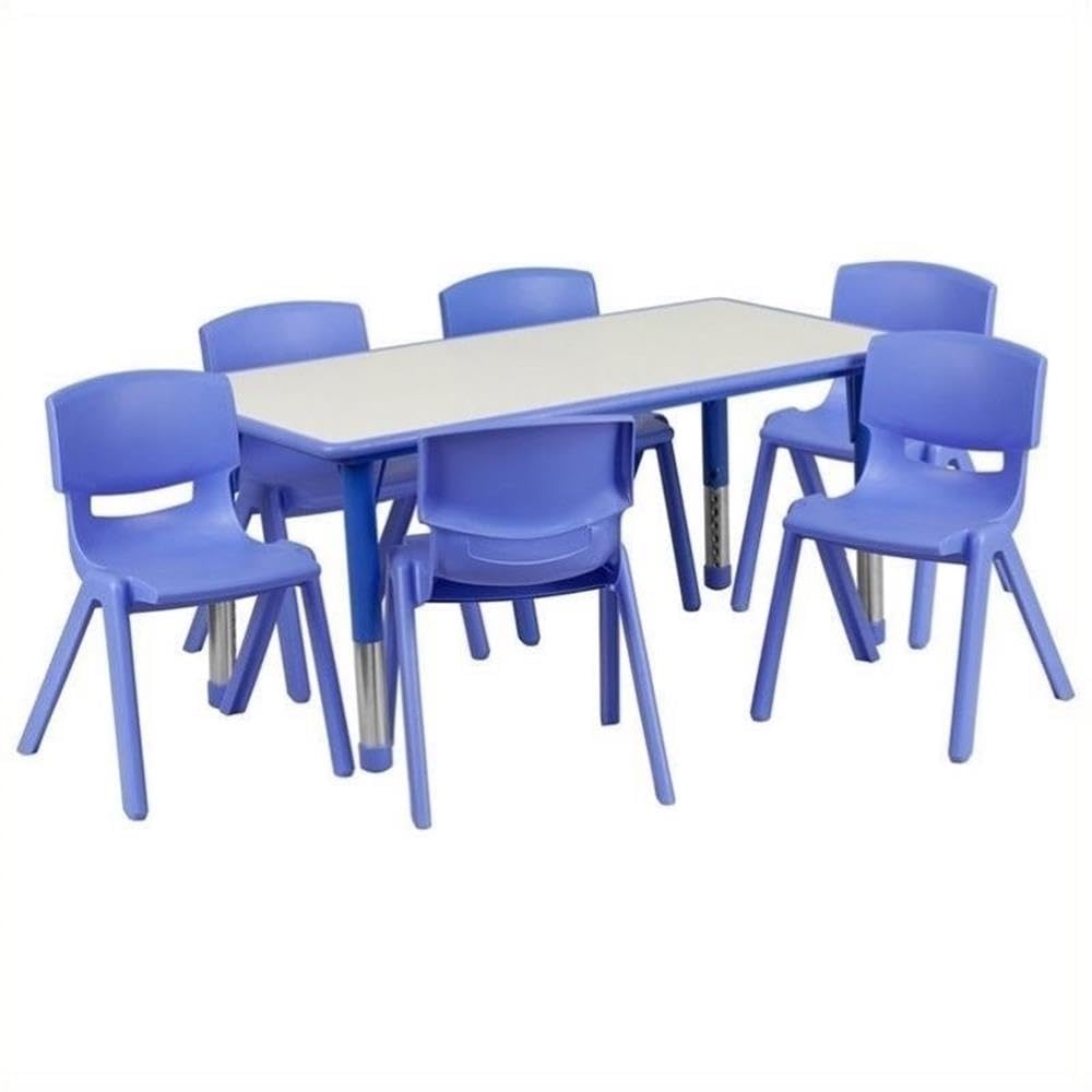 Pemberly Row Kids Plastic Activity Table and 6 Stacking Chairs Set - Blue School Furniture for Classroom, Playroom & Daycare Learning Centers