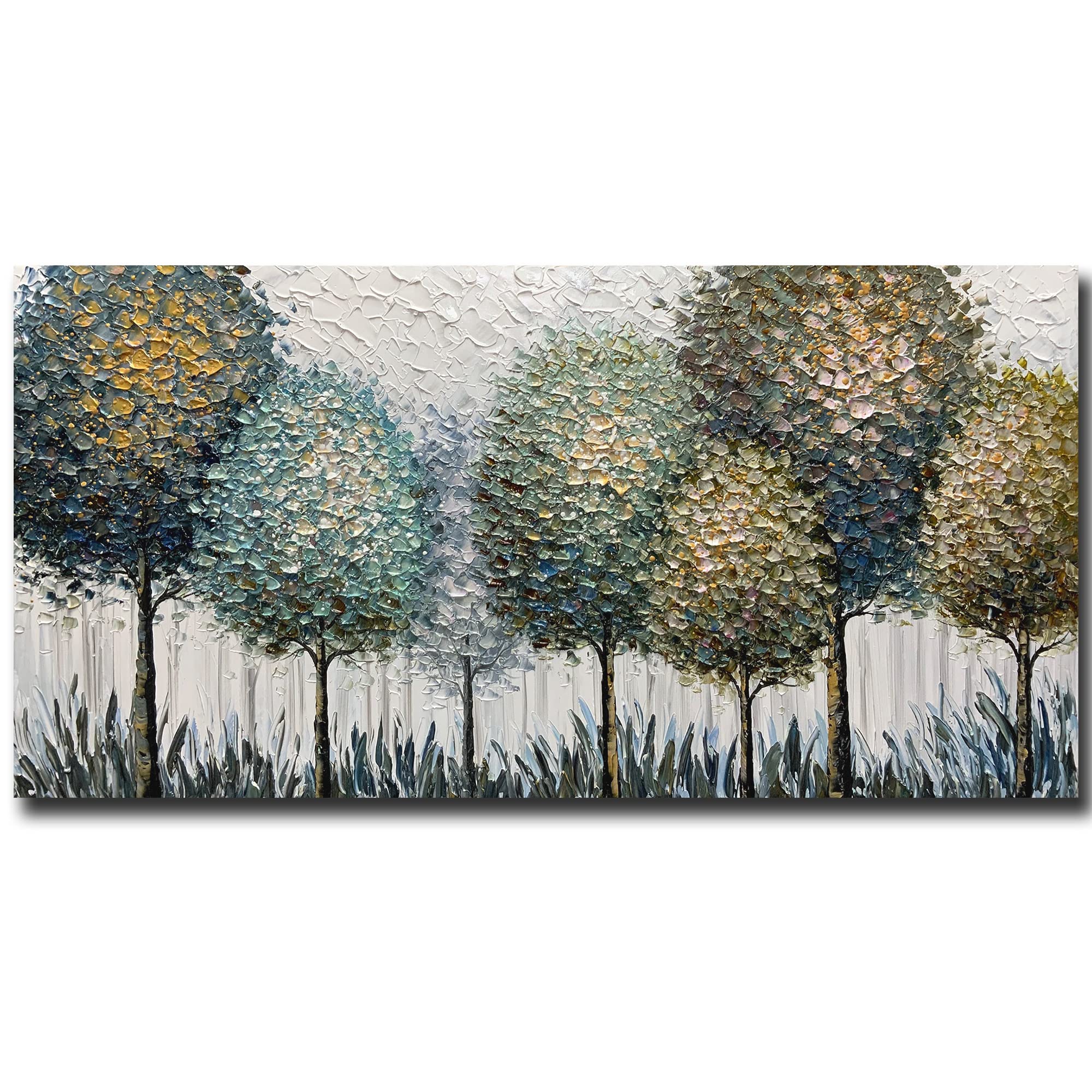 24x48 Inch Impressionist Hand-Painted Landscape Oil Painting - Abstract Textured Tree Artwork on Canvas - Ready to Hang Wall Decor for Living Room, Bedroom & Office
