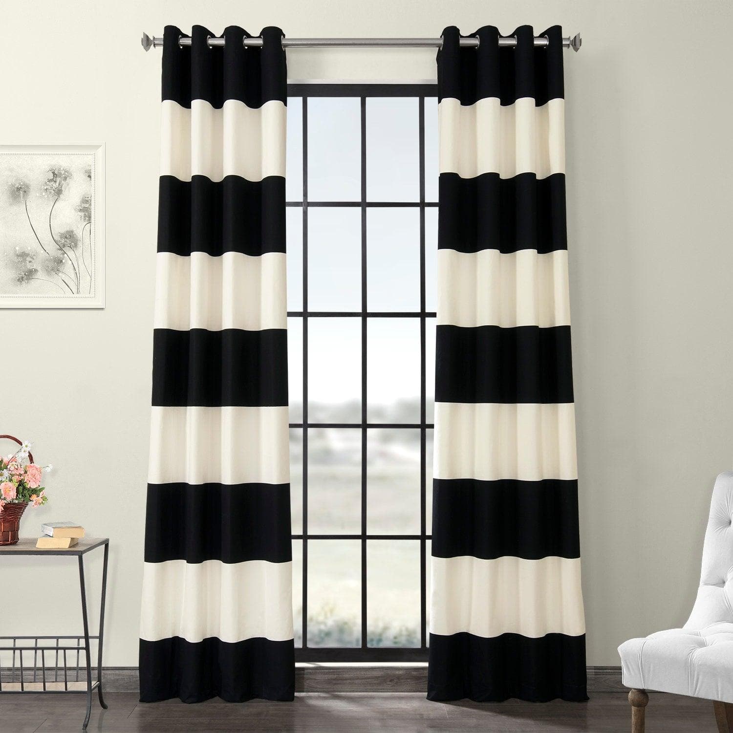 Onyx Black & Off White Striped Blackout Curtains - Thermal Insulated Grommet Top Window Drapes for Bedroom & Living Room - Noise Reducing & Light Blocking Home Decor