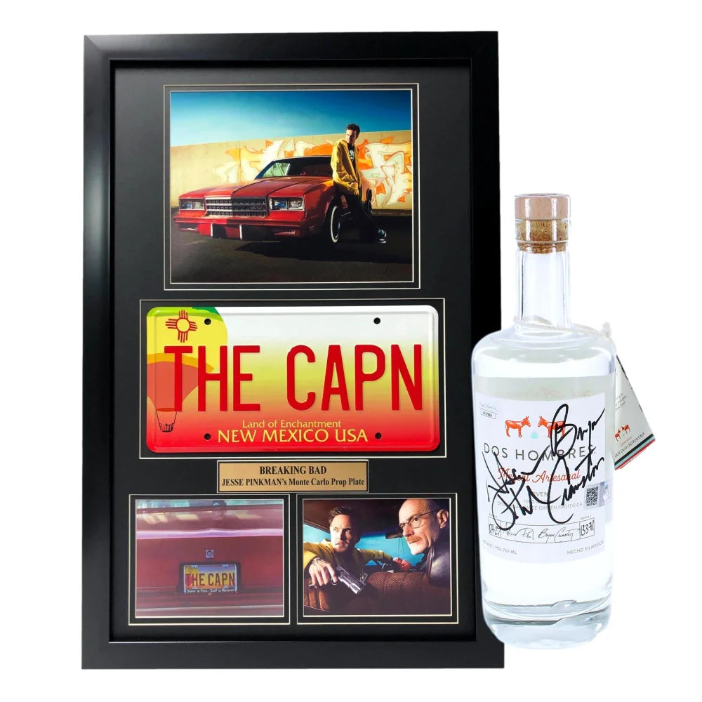 Bryan Cranston & Aaron Paul Signed Dos Hombres Mezcal Bottle - Breaking Bad Memorabilia with Framed License Plate Collage - JSA Certified Authentic - Perfect for Breaking Bad Fans Collection & Man Cave Decor
