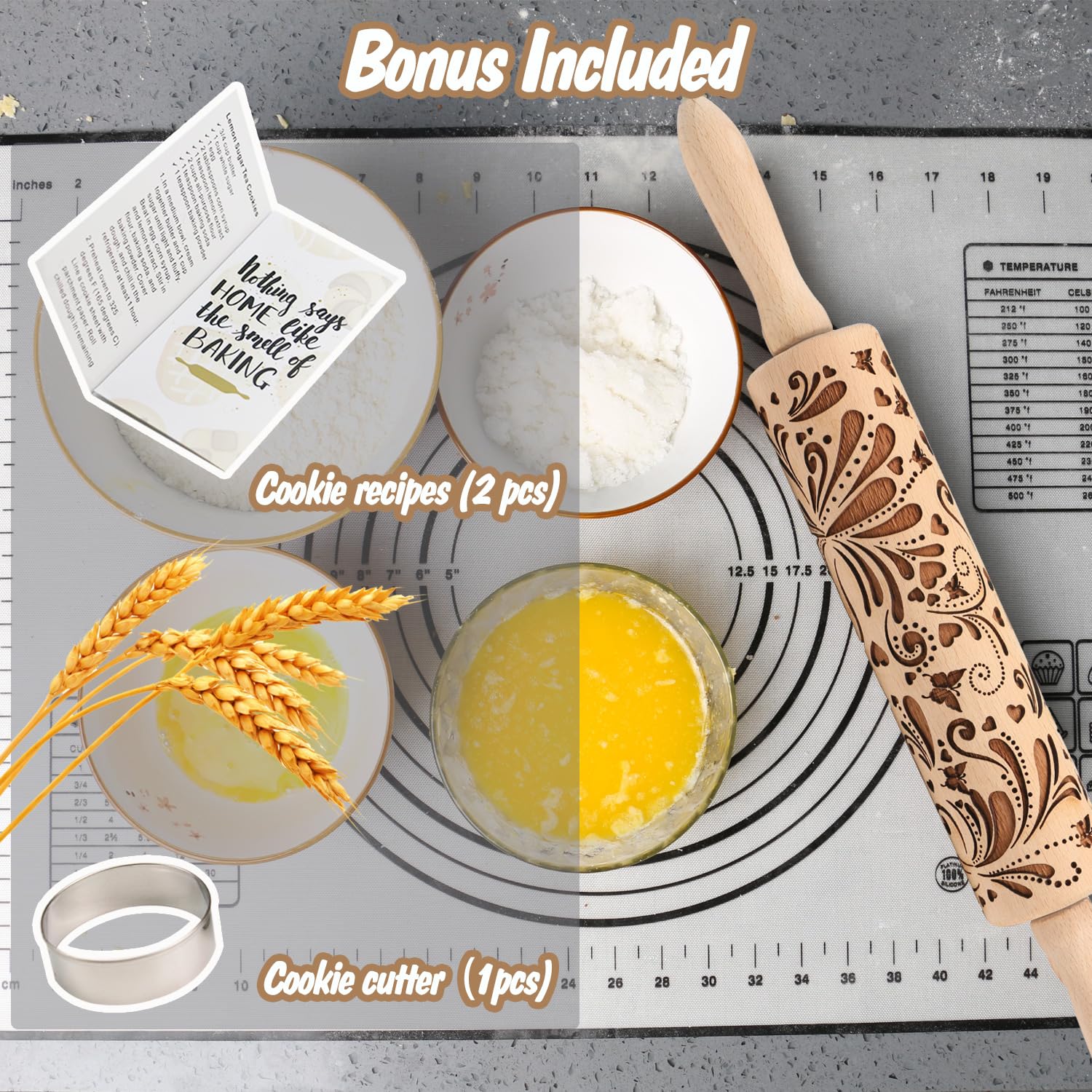Wooden Embossed Rolling Pin for Baking Cookies - Floral Butterfly Flower Design - Perfect for Springerle, Dough, Clay Pottery & Christmas Cookies - Ideal for Home Bakers & Ceramic Artists