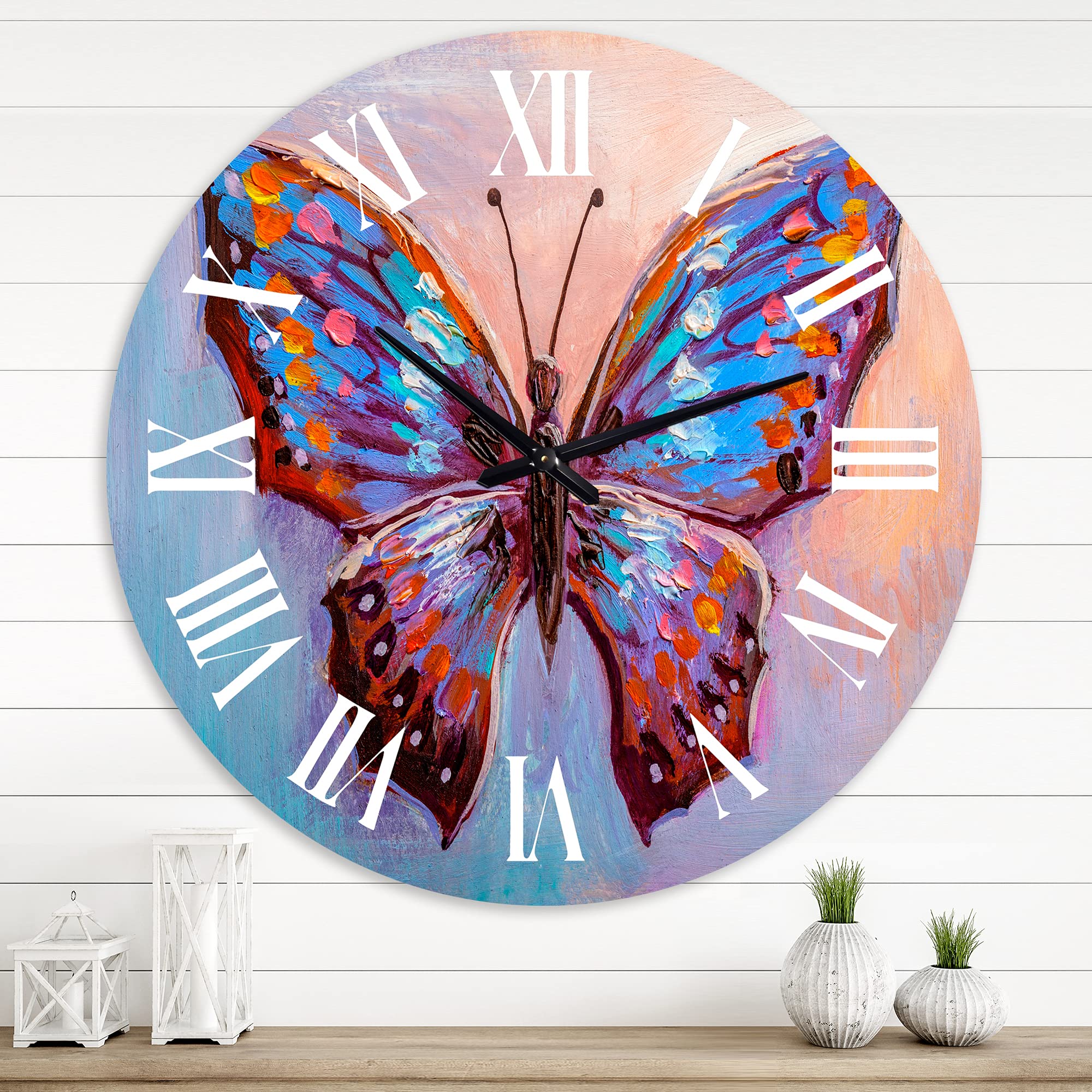 Vintage Blue Butterfly II Modern Large Wall Clock - Decorative Animal Wall Art for Living Room, Bedroom & Office - Perfect Home Decor Gift Idea