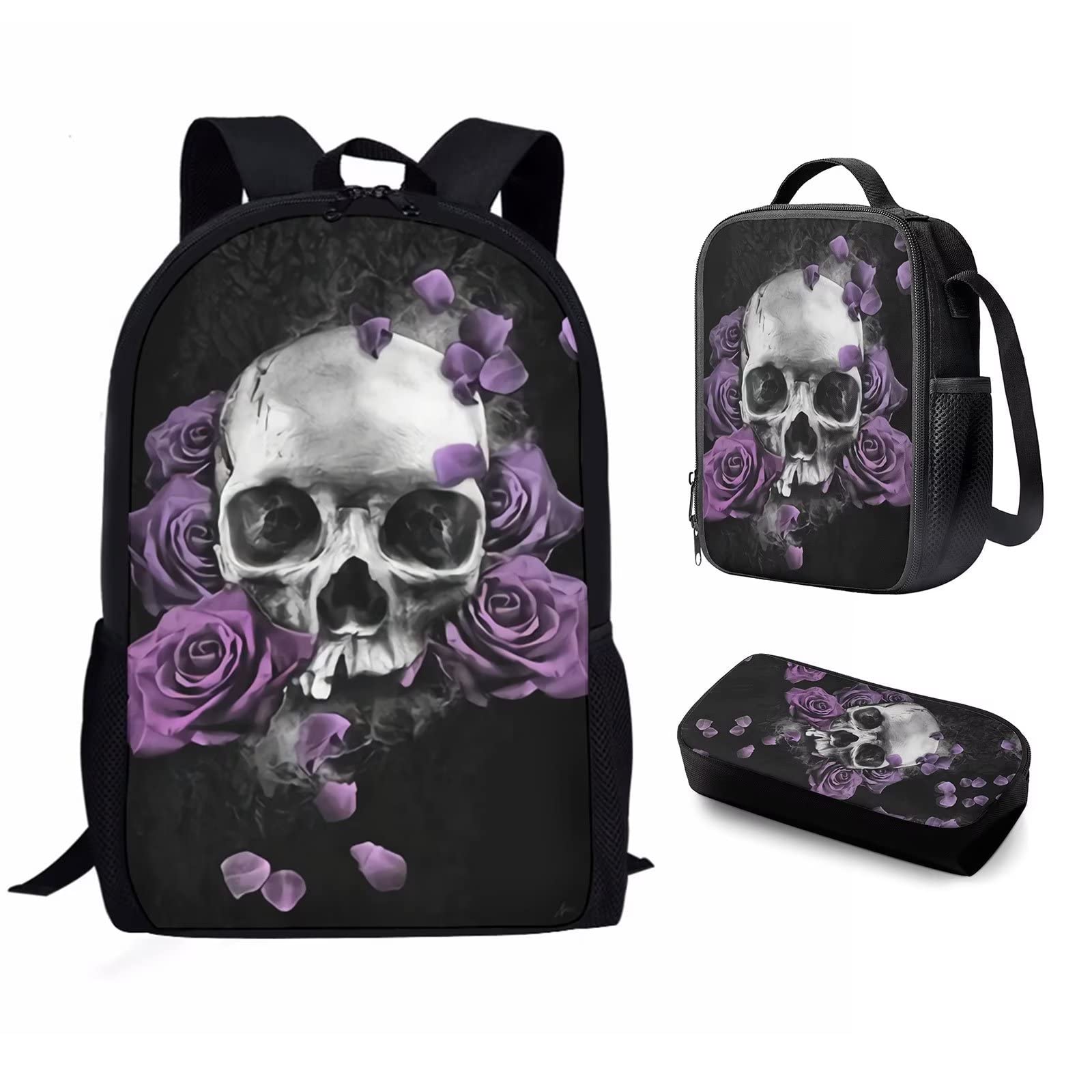 Uourmeti Skull Backpack Set for Boys & Girls - School Bag with Lunch Box, Pencil Case & Rose Design - Perfect for Kindergarten, Elementary, Middle School & Teens - Great for Daily Use, School Trips & Outdoor Activities