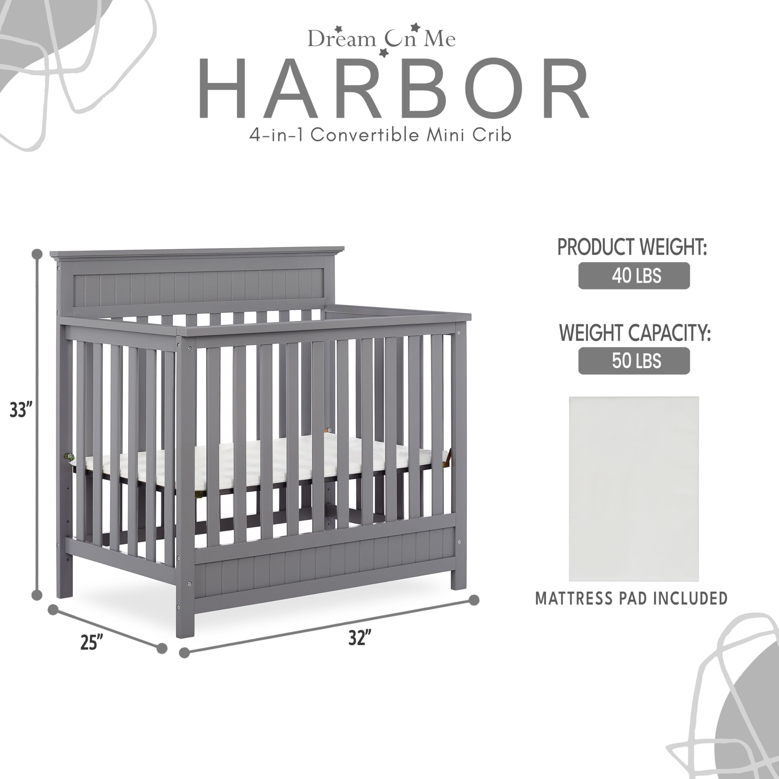 Dream On Me Harbor 4-in-1 Convertible Mini Crib - Storm Grey | GREENGUARD Gold Certified | Space-Saving Nursery Solution for Small Rooms & Apartments | Baby Bed Converts to Toddler Bed, Daybed & Full-Size Bed Frame