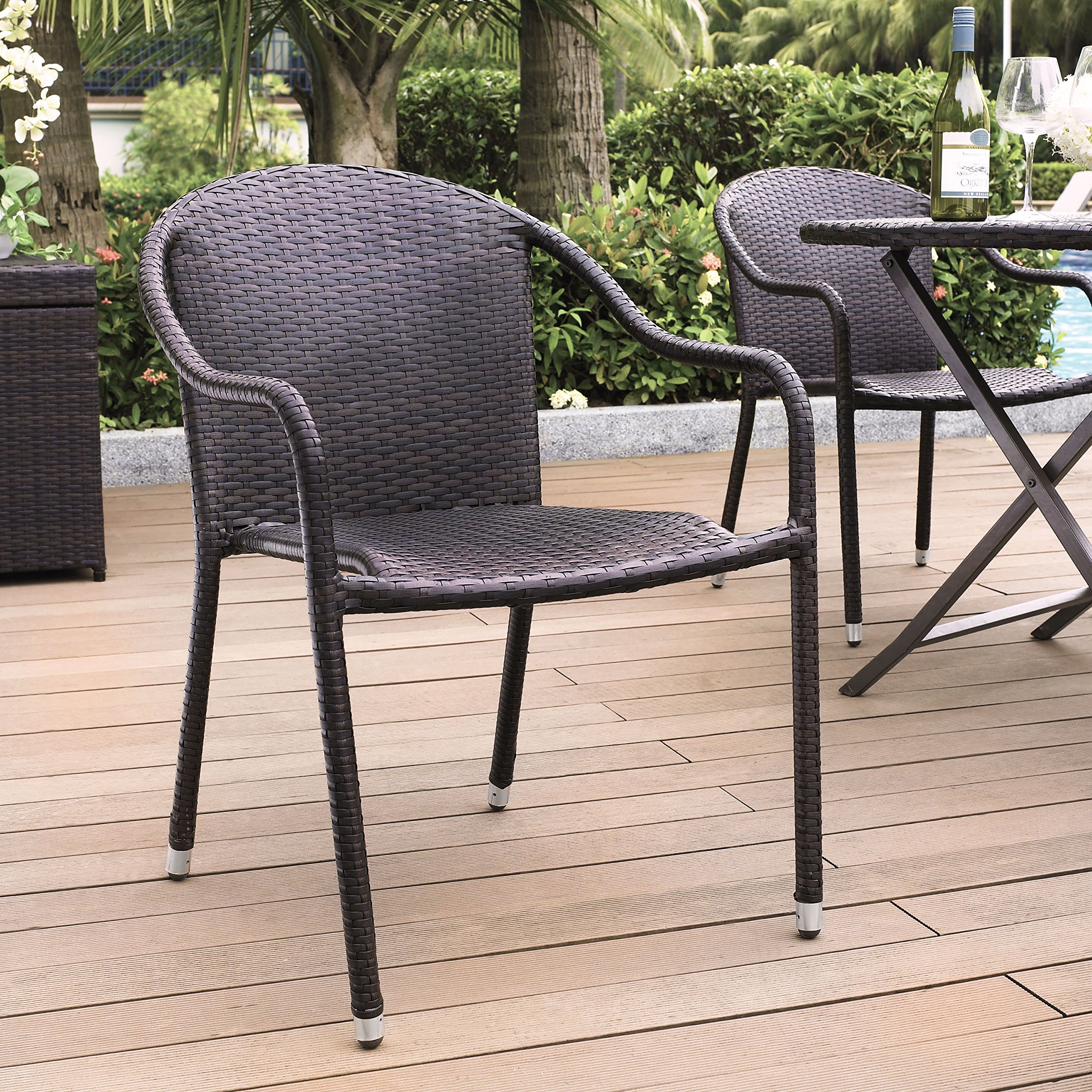Crosley Furniture Palm Harbor 4-Piece Stackable Outdoor Wicker Patio Chair Set - Brown - Perfect for Dining, Porch, Garden, Poolside & Backyard Relaxation