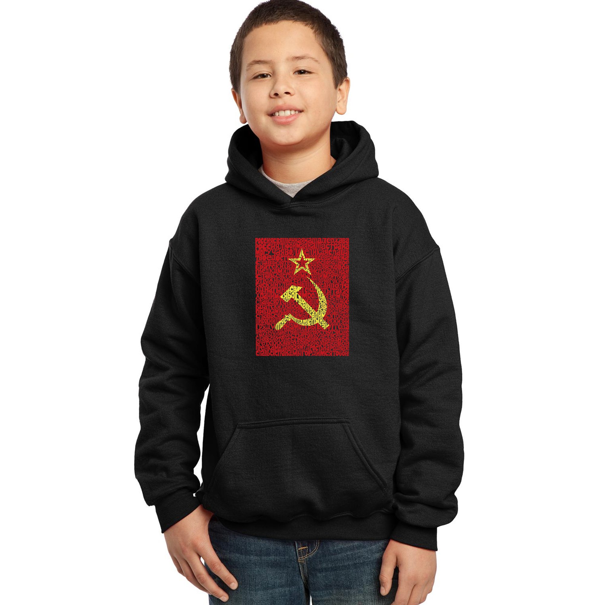 LA POP ART Boys' Word Art Hooded Sweatshirt with Soviet National Anthem Lyrics - Trendy Graphic Pullover for Streetwear & Retro Fashion Enthusiasts
