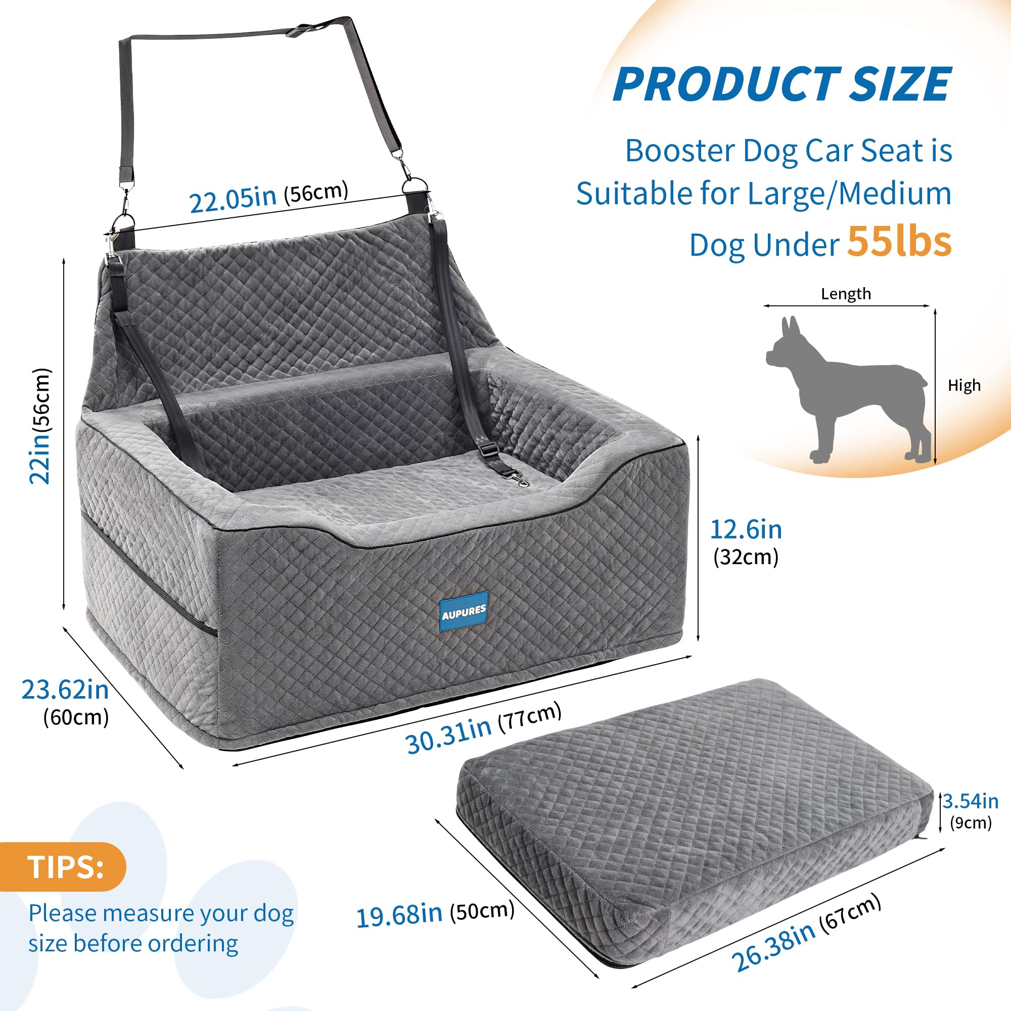 Premium Dog Car Seat for Large & Medium Dogs Up to 55 lbs - Adjustable Height Pet Booster Seat with Safety Belt - Soft Fabric Carrier for Two Small Dogs (Gray) - Perfect for Road Trips & Daily Commutes