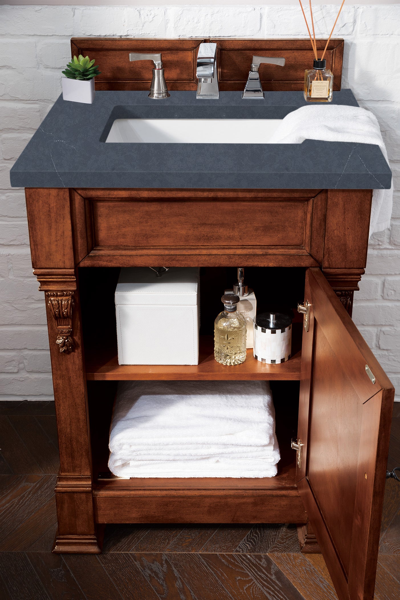 Brookfield 26 Inch Single Bathroom Vanity with Warm Cherry Finish & 3CM Charcoal Soapstone Quartz Top - Perfect for Modern Home Bathroom Renovation and Space-Saving Design