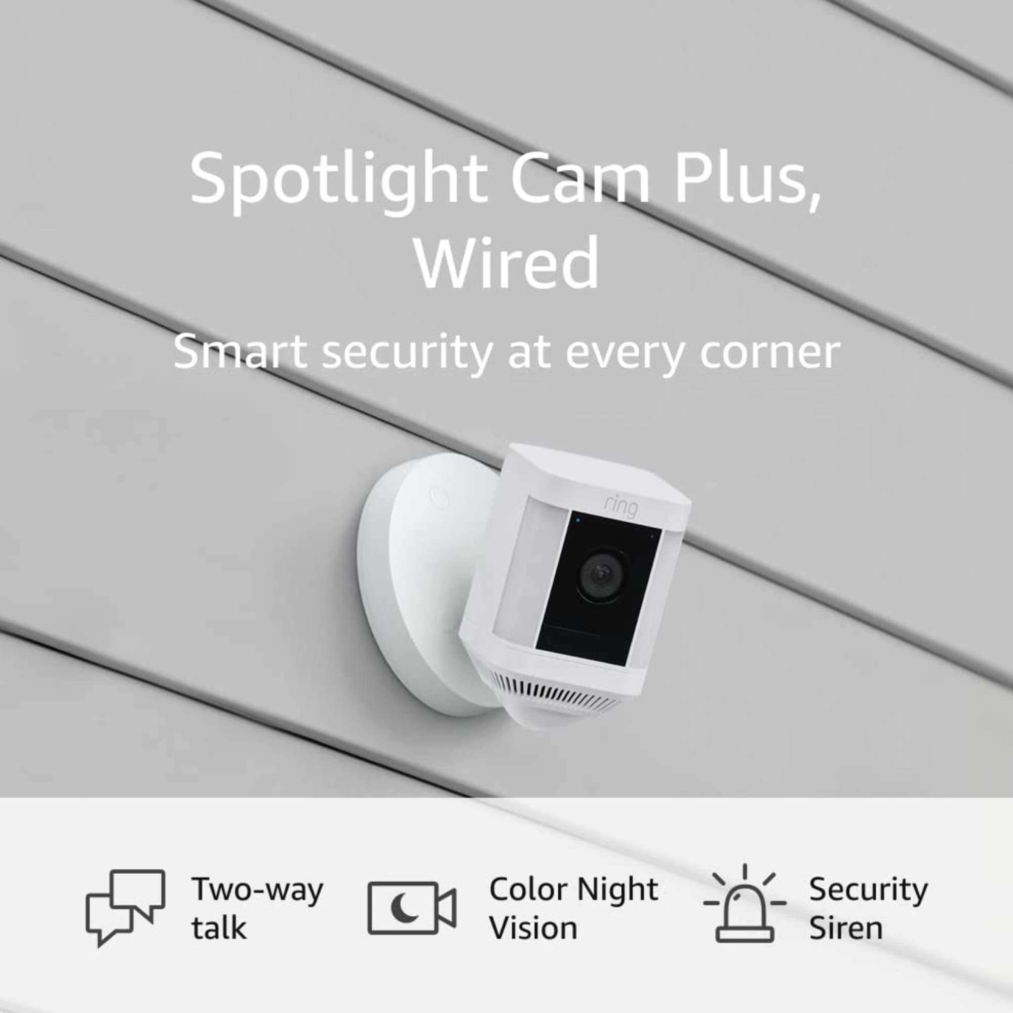 Ring Spotlight Cam Plus Wired Security Camera with Two-Way Talk, Color Night Vision & Alarm Siren (2022 Model) - White | Outdoor Home Security, Front Door Protection & Nighttime Surveillance