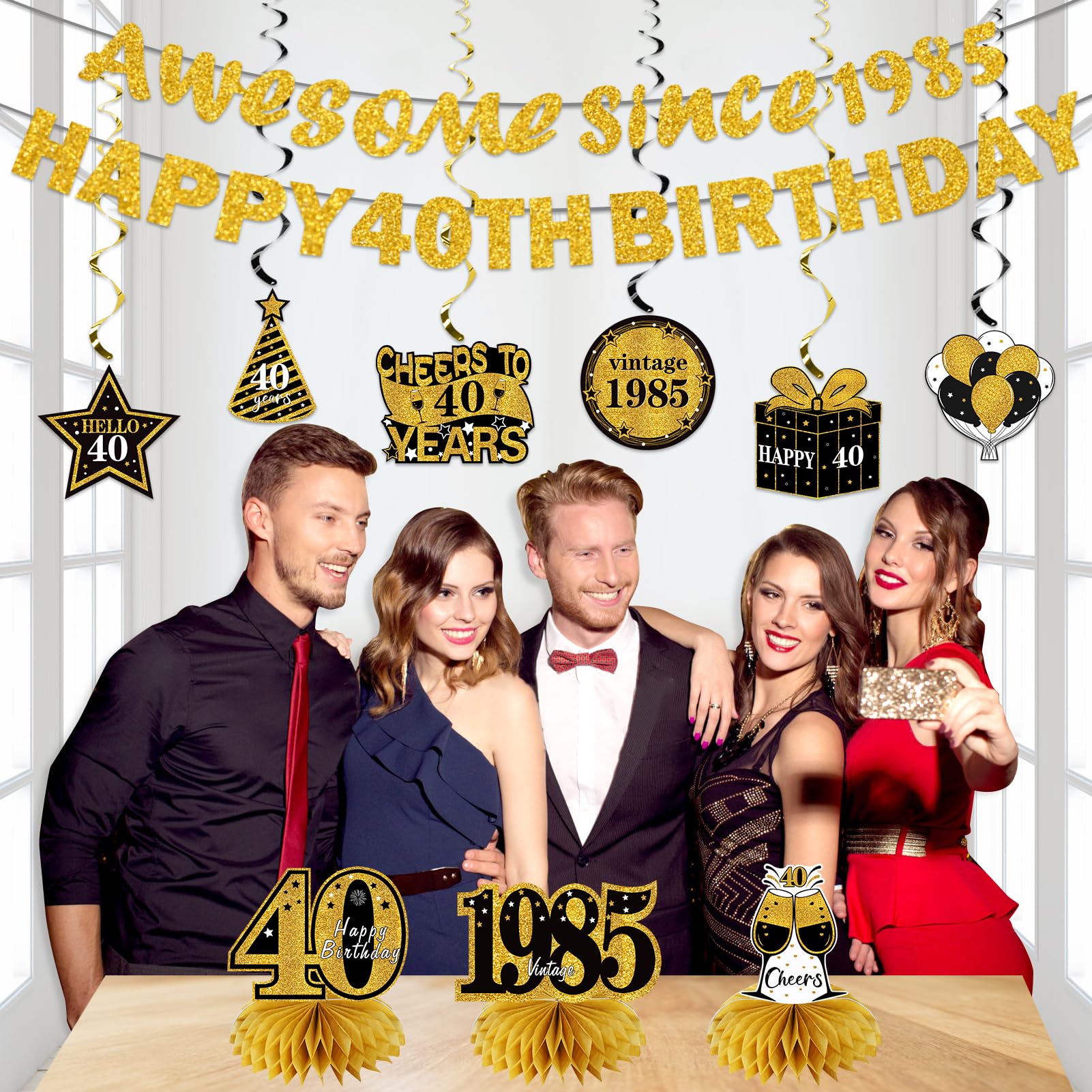 11-Piece 40th Birthday Party Decorations Kit for Men & Women - Black & Gold Happy 40th Banner, Awesome Since 1985 Centerpieces, Swirls & Table Topper - Perfect for 1985 Birth Year Celebrations, Milestone Parties & Surprise Decorations