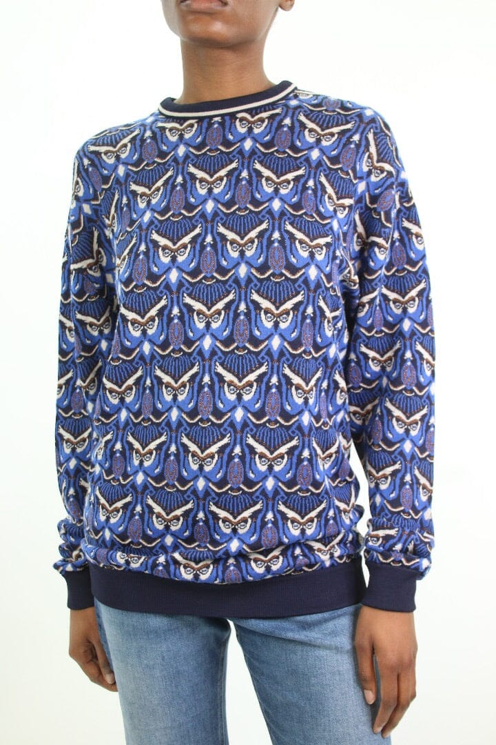 Blue Owl Print Sweater for Women - Size XS | Cozy Knit Pullover for Casual Wear & Fall Fashion