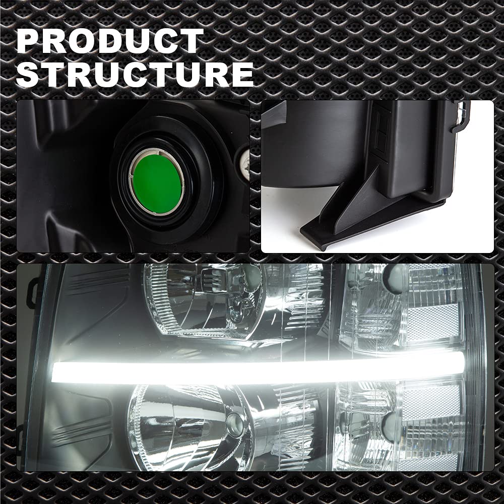 LED DRL Headlight Assembly Replacement for 2007-2013 Chevy Silverado - Clear Lens Black Housing with Clear Reflector - Left & Right Pair - Perfect for Night Driving & Off-Road Adventures