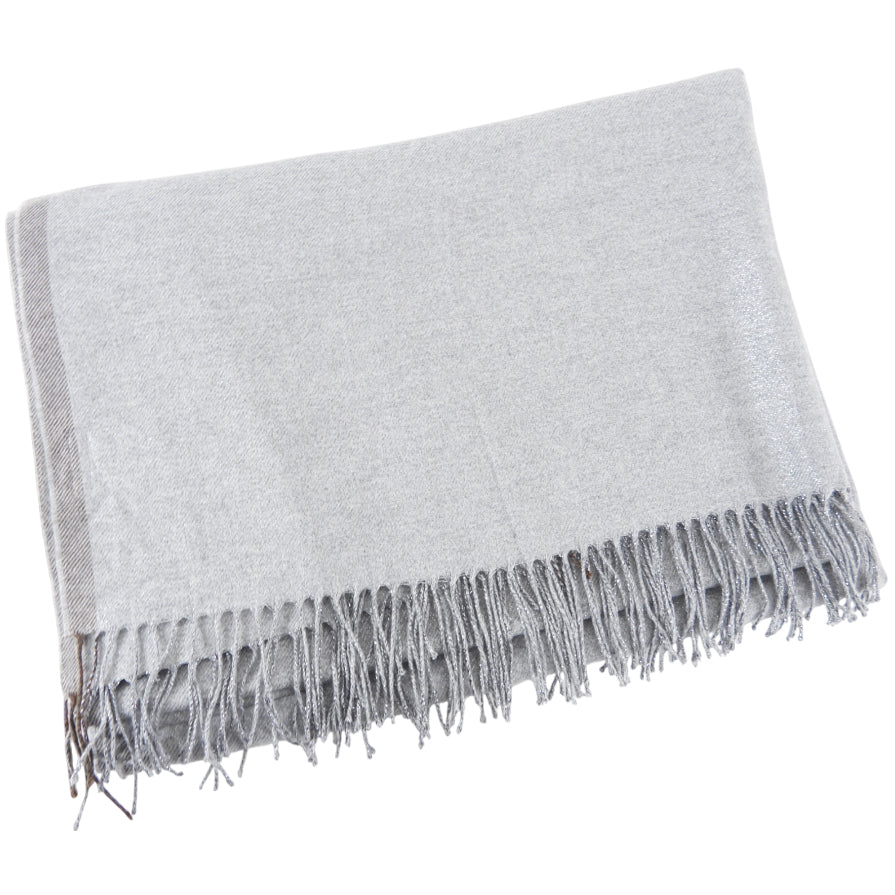 Brunello Cucinelli Light Grey Silk Blend Shawl Scarf with Shimmer Fringe - Elegant Wrap for Women, Perfect for Evening Events, Weddings & Special Occasions