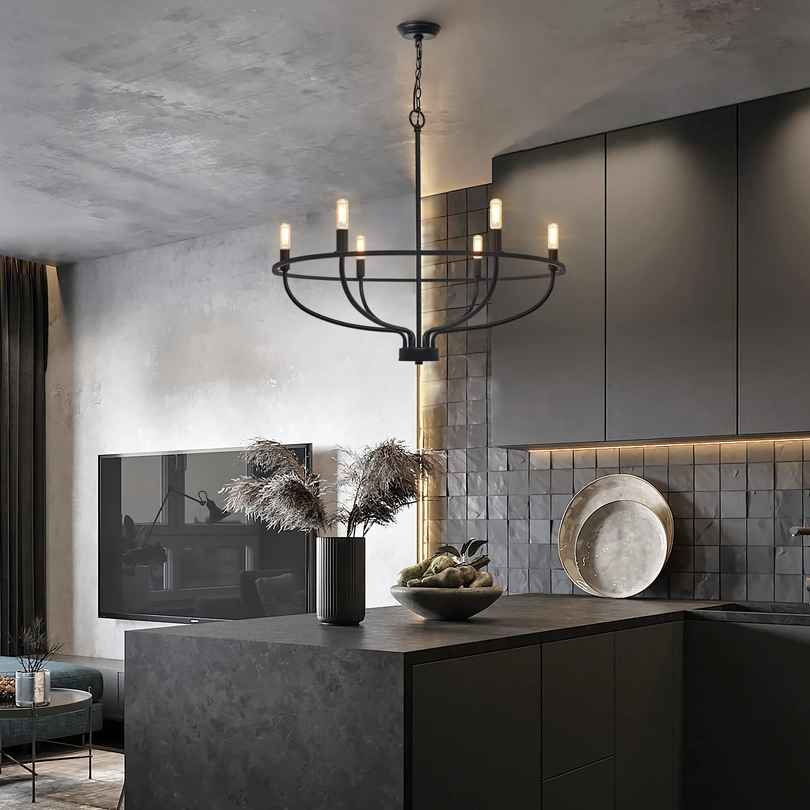 6-Light Farmhouse Black Chandelier - Modern Metal Candle Hanging Light Fixture for Dining Room, Bedroom, Kitchen, Living Room & Entryway - 28.54 Inch Rustic Ceiling Lighting - Perfect for Farmhouse Decor, Wedding Venues & Cozy Home Ambiance