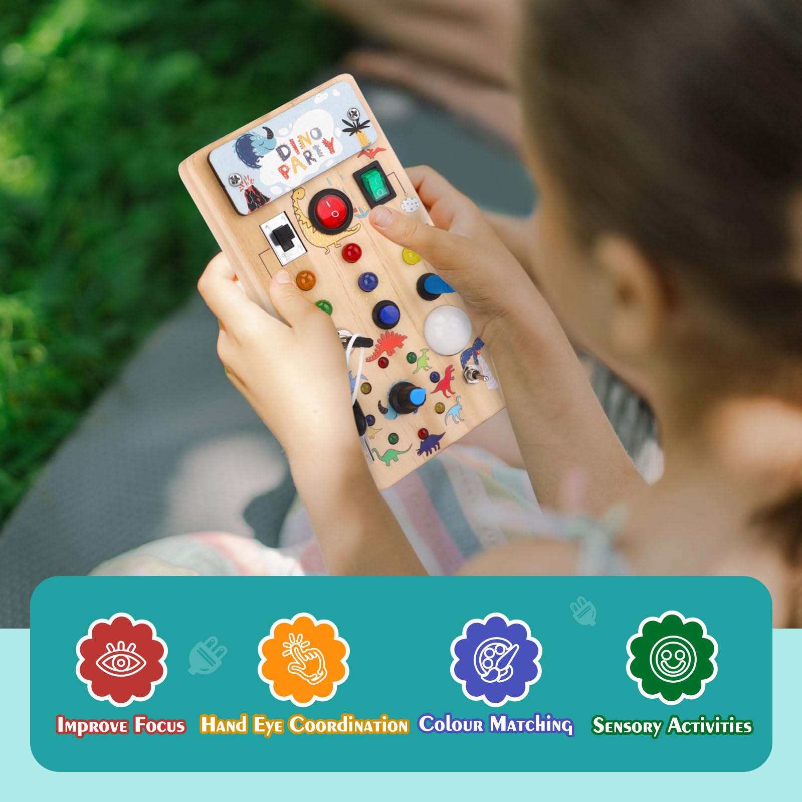 Dinosaur Busy Board with 8 LED Light Switches - Montessori Sensory Travel Toy for Toddlers 1+ Years | Educational Learning Activity for Boys & Girls | Perfect for Airplane, Car Rides & Home Play