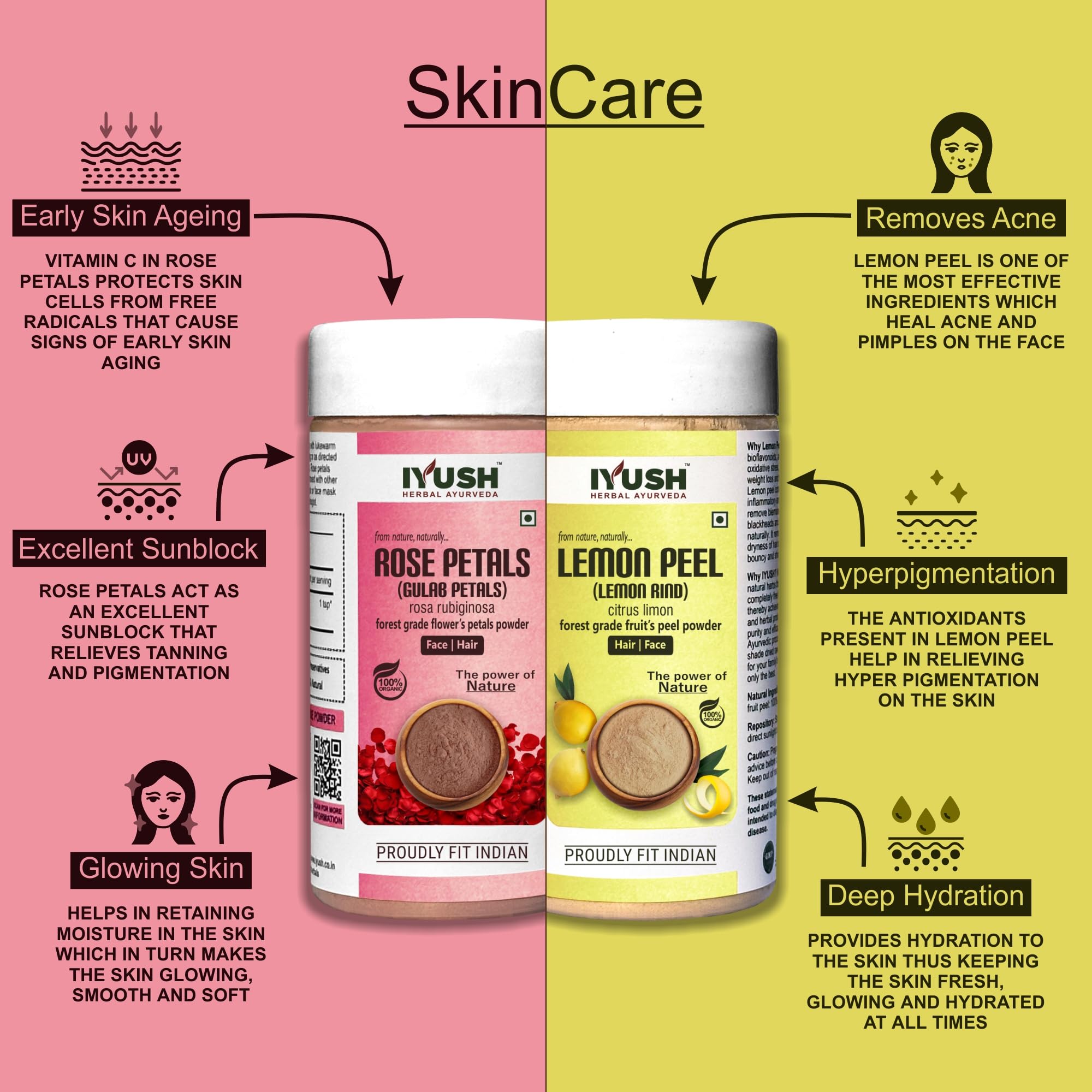 IYUSH Herbal Ayurveda Rose Powder & Lemon Peel Powder Combo - 100g Each | Natural Skin Care, Hair Treatment & Aromatherapy | DIY Face Masks & Herbal Teas