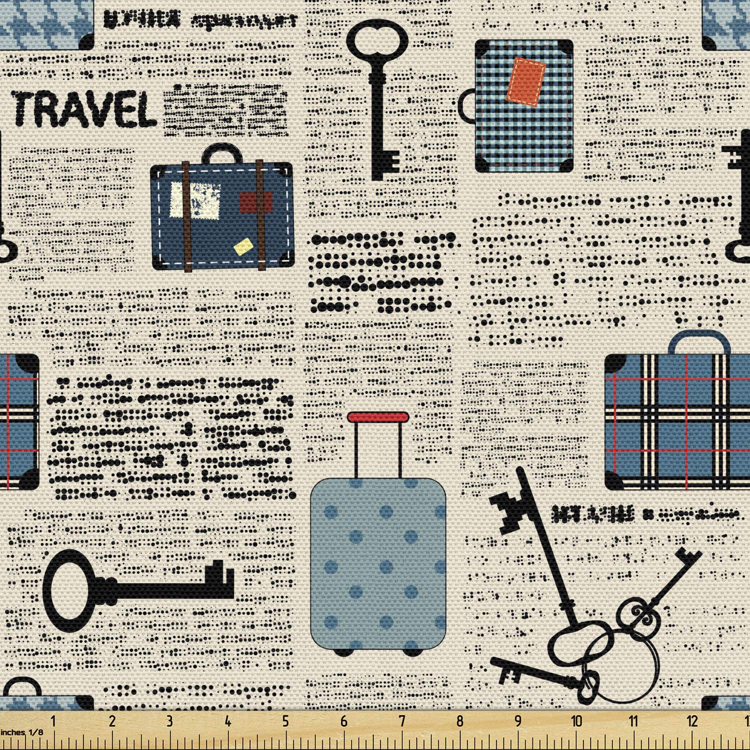 Lunarable Vintage Newspaper Print Fabric by The Yard - Retro Travel & Vacation Themed with Suitcases & Keys Dot Pattern - Cream & Black Decorative Upholstery Fabric for Sofa, Curtains & Home Decor (5 Yards) - Perfect for DIY Projects, Pillow Covers & Crafting