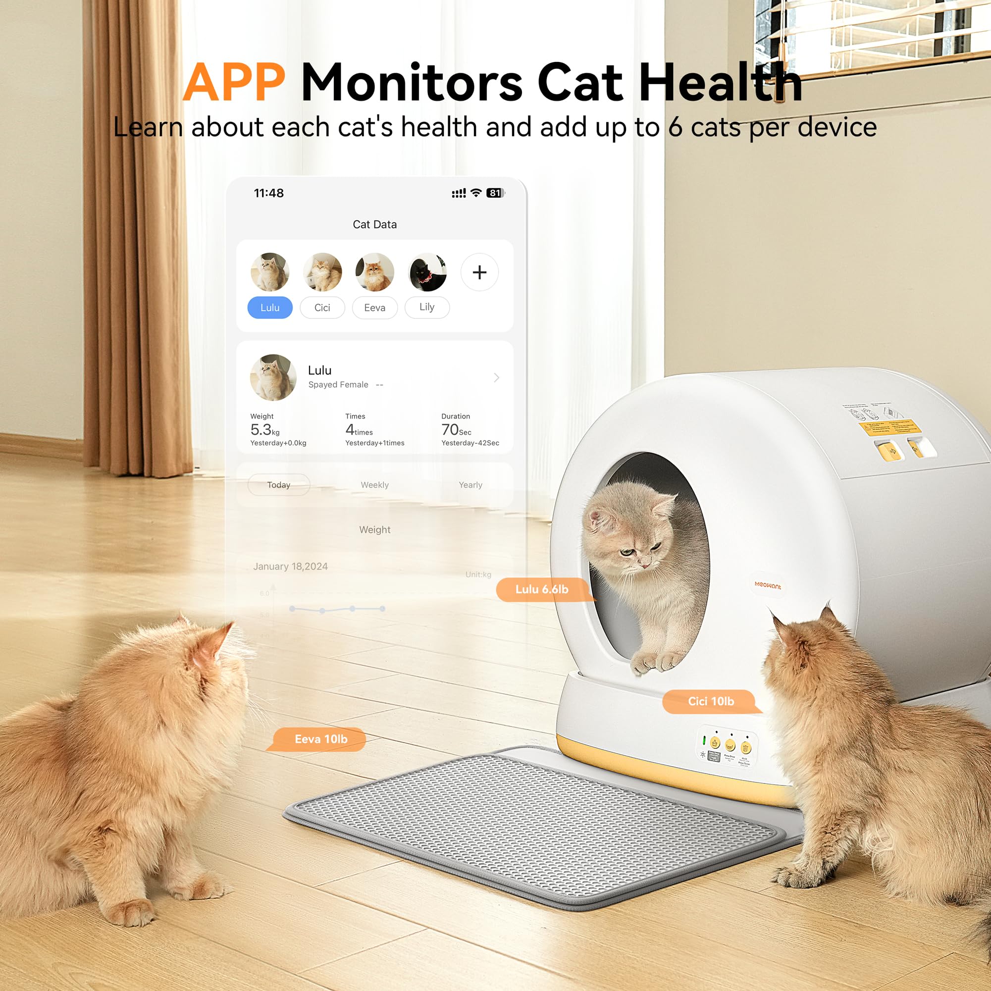 MeoWant Self-Cleaning Automatic Cat Litter Box for Multiple Cats - Odor-Free, App Controlled, Extra Large with Anti-Pinch Safety & Included Trash Bags (Yellow) - Perfect for Smart Homes & Busy Pet Owners