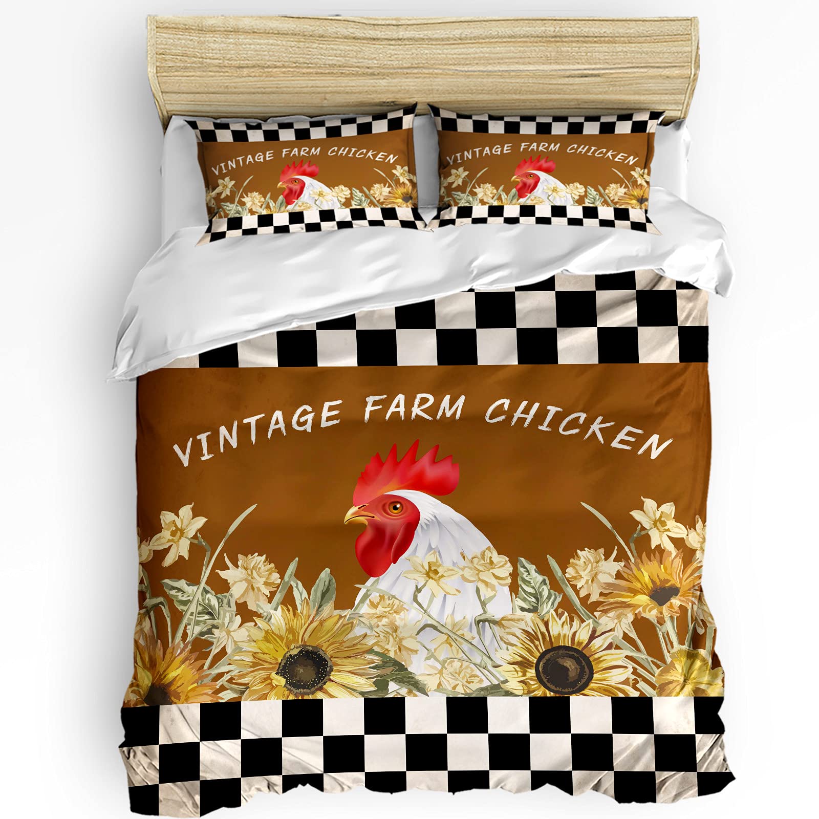 Sunflower Chicken Queen Bedding Set 3-Piece - Comforter & Pillow Shams, Rooster Plaid Duvet Cover for Teens, Boys & Girls - Perfect for Farmhouse, Country Style Bedrooms & Cozy Teen Room Decor