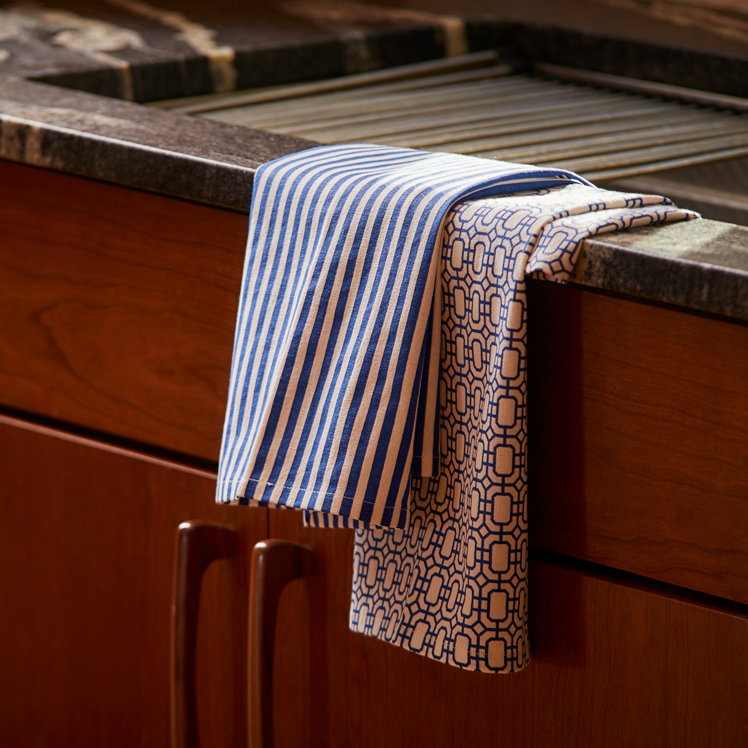 Premium Newport Garden Gate & Pinstripe Blue Kitchen Towels Set of 2 - Absorbent Cotton Dish Towels for Drying Dishes, Cleaning Countertops & Stylish Kitchen Decor