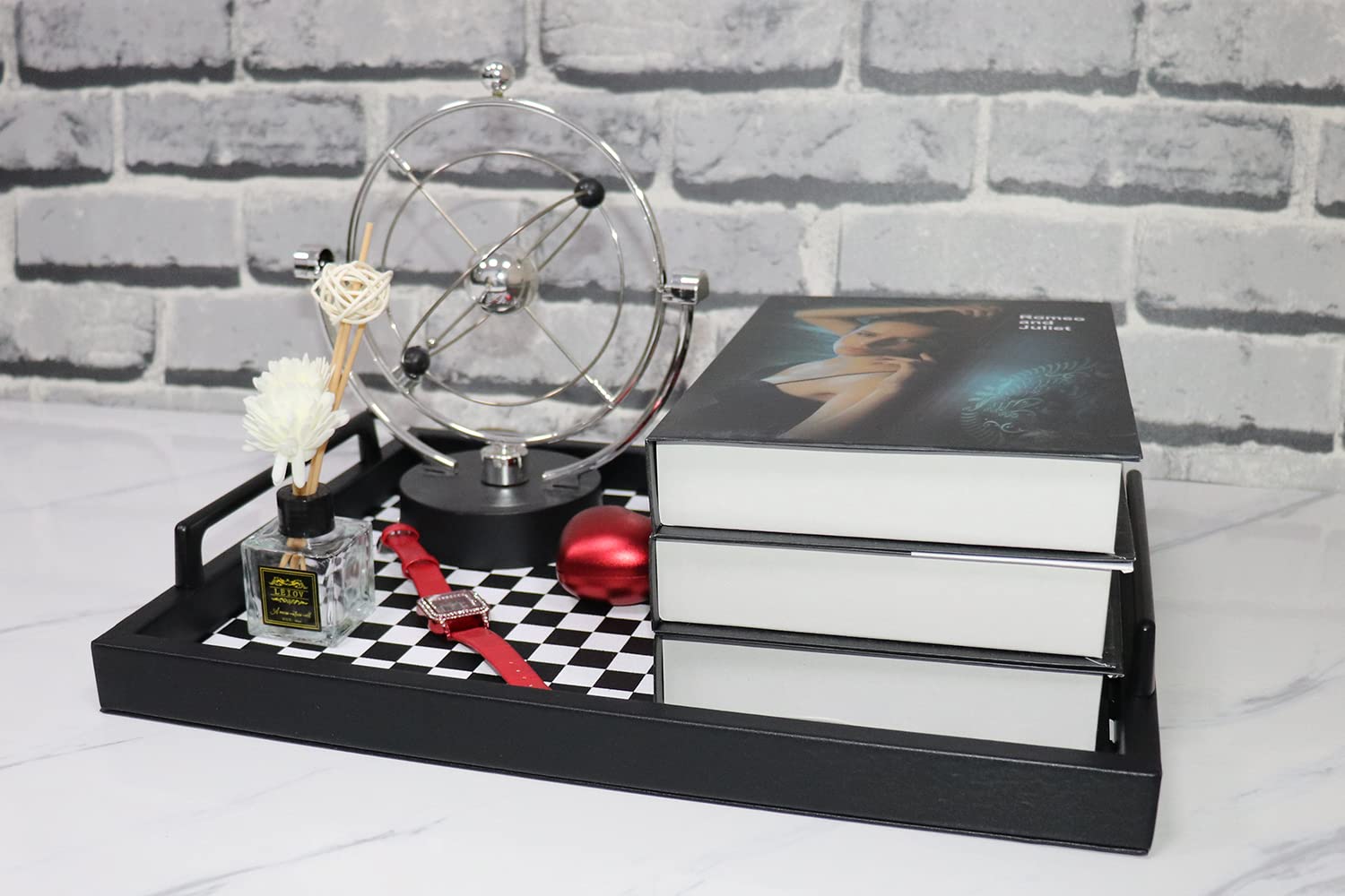 MCBZ Decorative Serving Tray - 16.5 x 12.6 Inch Leather Ottoman Tray with Metal Handles for Coffee Table, Living Room, Bedroom - Black and White Grid Pattern (Perfect for Breakfast in Bed, TV Snacks & Home Decor)