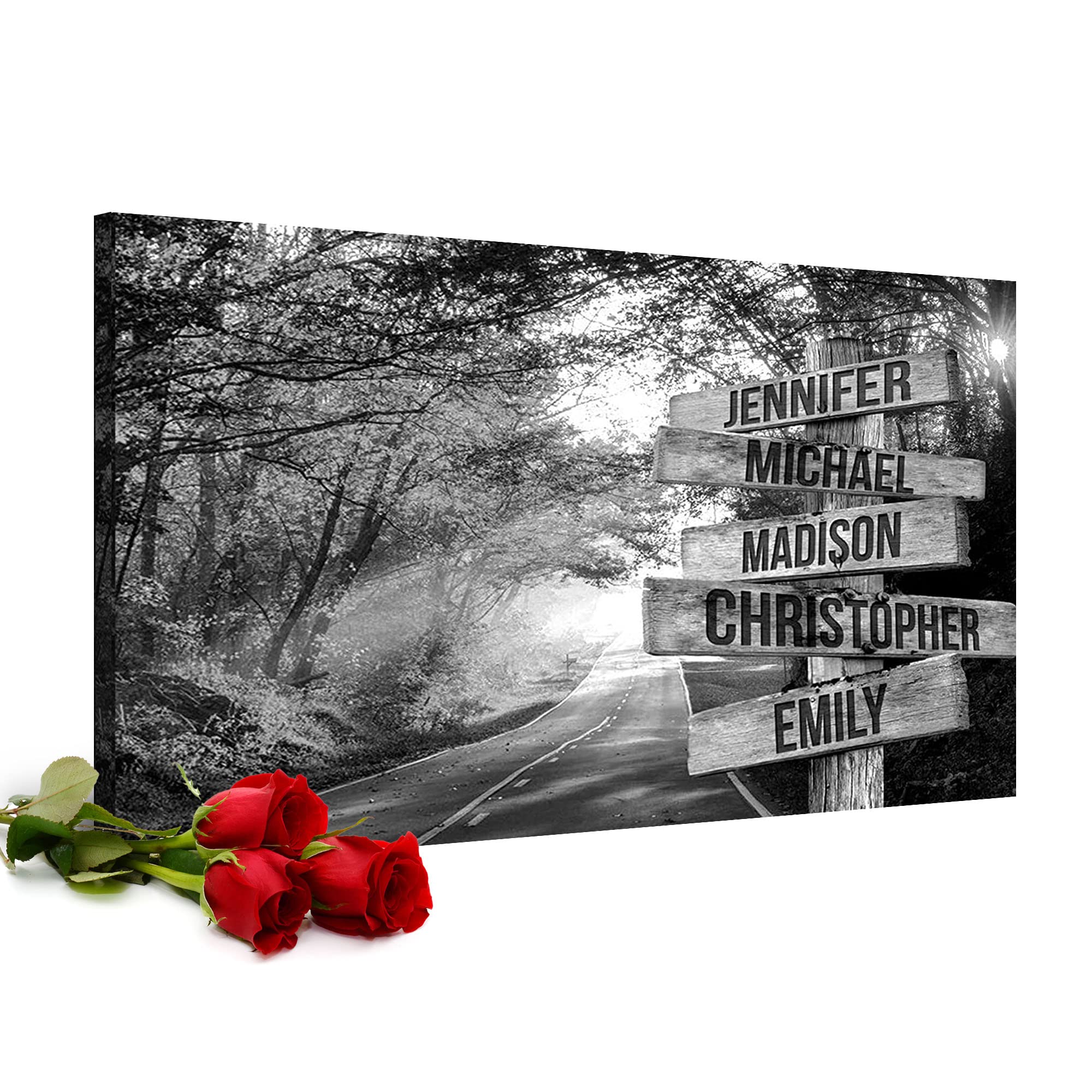 Personalized Autumn Road Multi-Name Canvas Wall Art - Custom Family Photo Gift in Black & White (36x24in) - Perfect for Home Decor, Living Room, Bedroom & Anniversary Presents