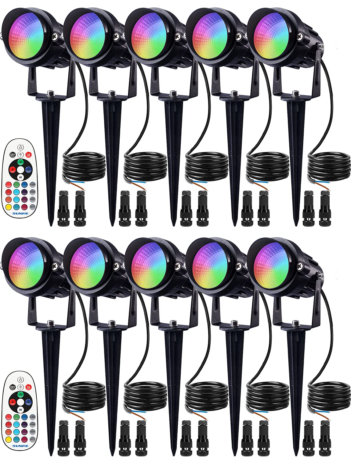 SUNVIE 12W Low Voltage Landscape Lighting - RGB Color Changing LED Outdoor Spotlights with Remote Control, Waterproof Garden & Patio Lights for Decoration (10 Pack with Connector) | Perfect for Backyard, Pathway, Pool Area & Holiday Decor