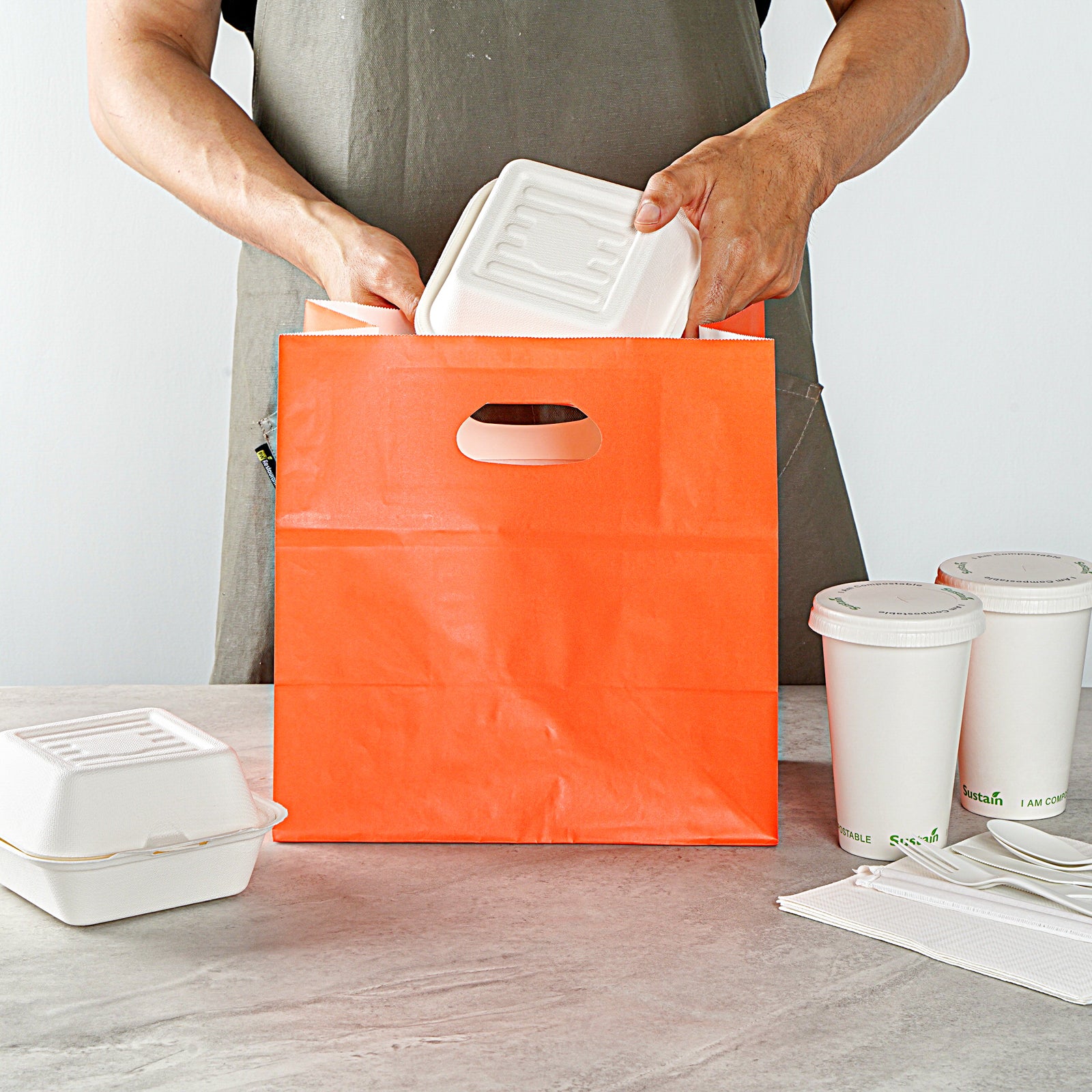 Eco-Friendly Rectangle Tangerine Orange Paper Take Out Bags with Handles - 11 x 7 x 11 Inches (100 Count) - Perfect for Restaurants, Cafes & Catering Businesses