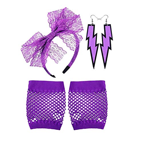 FIN86 80's Party Accessories Set - Fashion Lace Headband, Neon Earrings & Fingerless Fishnet Gloves for Women | Retro Hair Accessories for Costume Parties, Halloween & 80s Theme Events