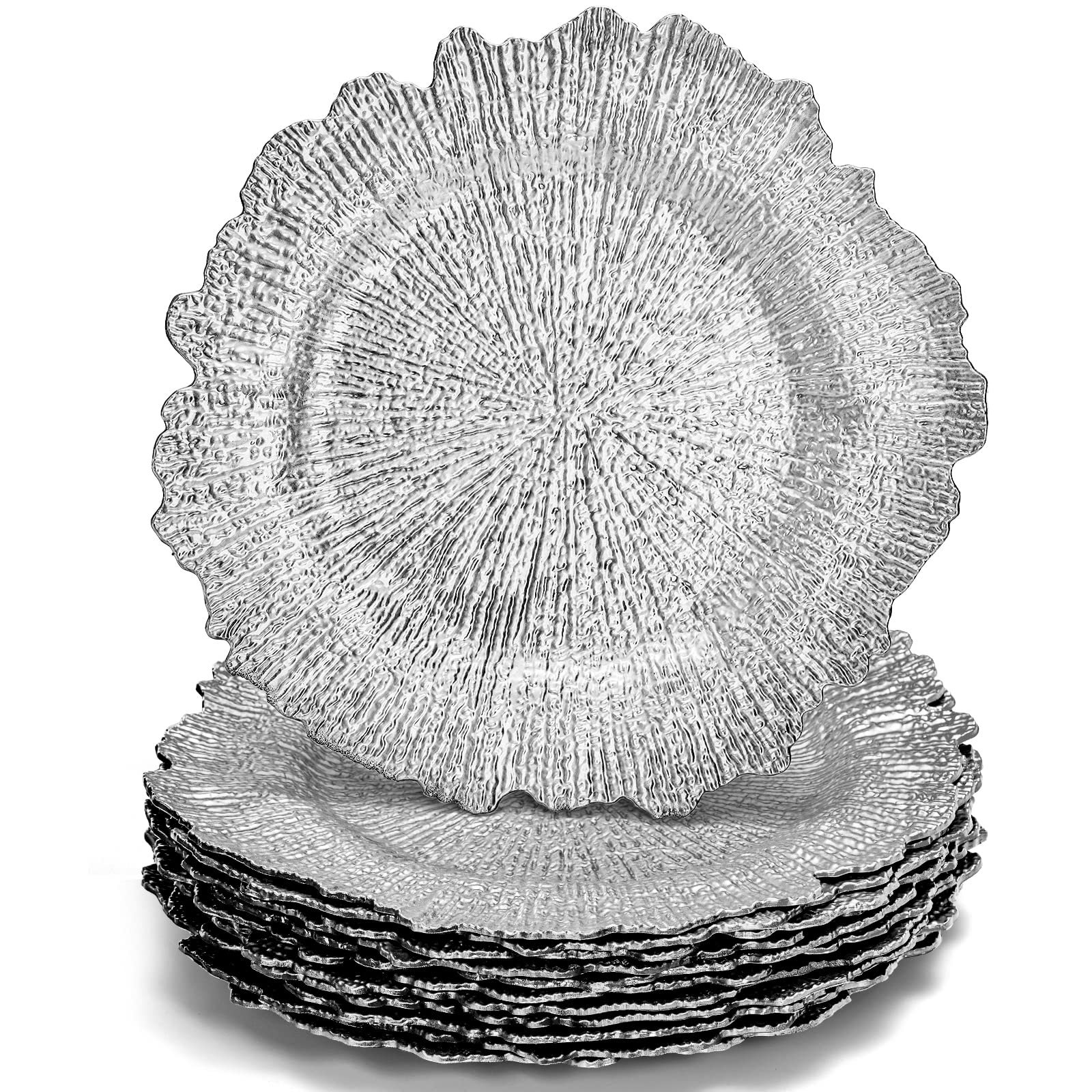 WUWEOT 12 Pack 13 Inch Silver Plastic Charger Plates with Floral Reef Design - Elegant Dinnerware for Wedding, Party & Holiday Decorations - Perfect for Formal Dining, Buffet Settings & Special Events