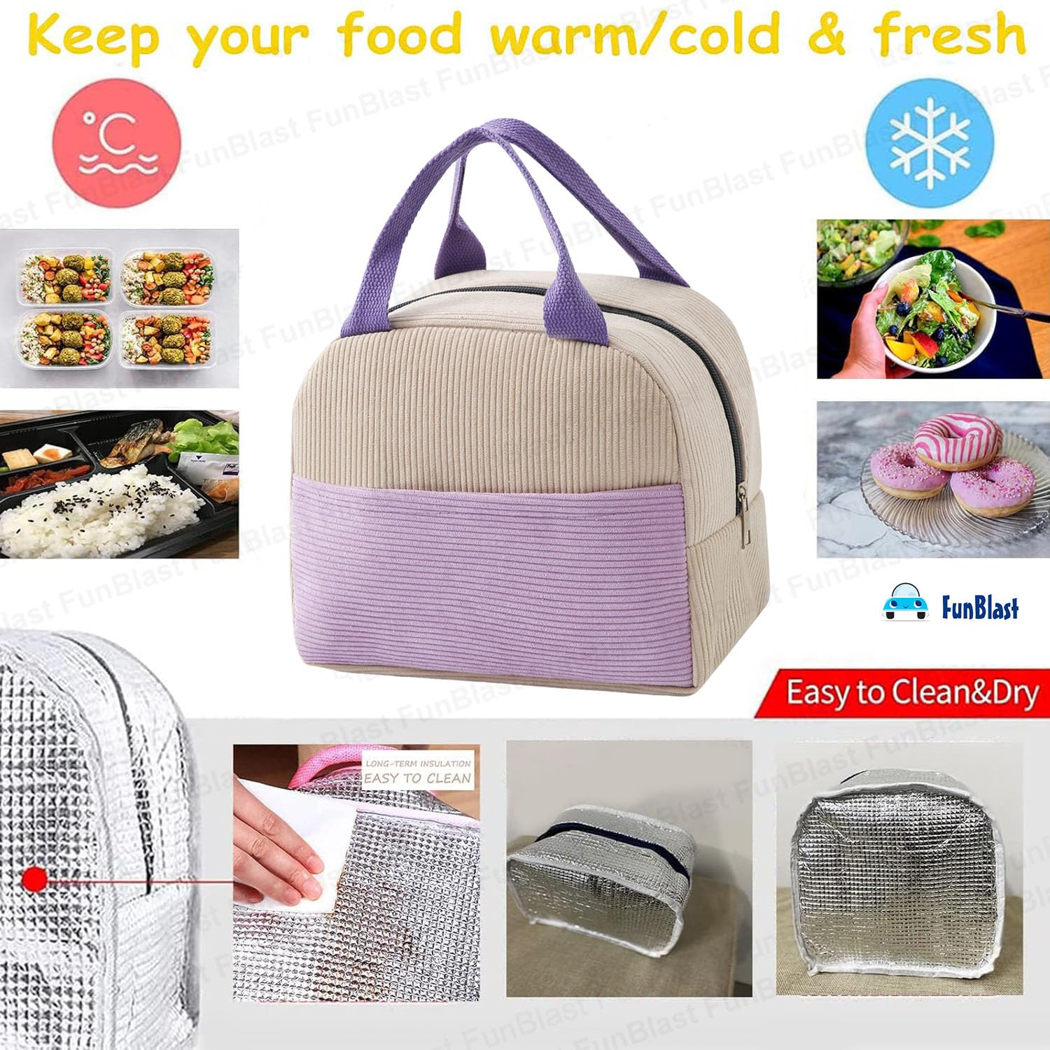 FunBlast Insulated Lunch Bag for Kids, Women & Men – Reusable Tiffin Bag for School, Office & Travel – Leakproof & Thermal Lunch Box Carrier – Perfect for Picnics, Work & Outdoor Activities (Beige)