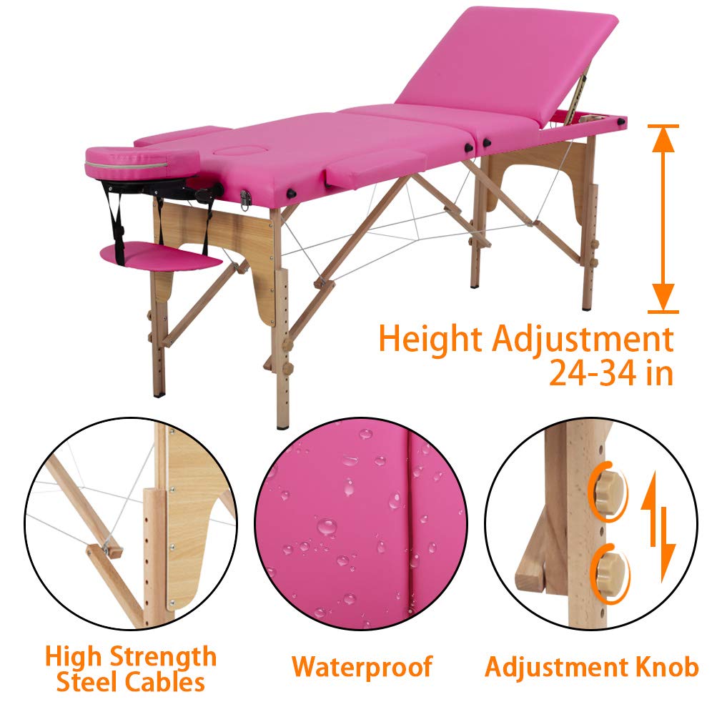 DKELI Foldable Portable Massage Table - 73 Inch Adjustable Height Spa Bed with Facial Cradle & Carry Case, 450LBS Weight Capacity (Pink) - Perfect for Professional Massage Therapy, Tattoo Salon, Home Spa & Mobile Services