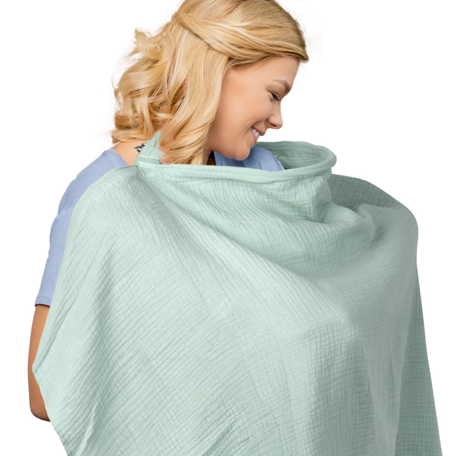 100% Cotton Muslin Nursing Cover - Breathable Breastfeeding Cover with Arch Neckline, Full Car Seat Coverage & Easy Baby Viewing - Light Green Multi-Use Nursing Scarf for Moms (Perfect for On-the-Go Feeding, Shopping & Travel)
