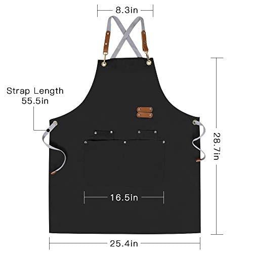 Premium Chef Apron for Men & Women - Adjustable Cross Back Straps & Large Pockets - Heavy Duty Canvas Kitchen Apron - Size M to XXL (Black) - Ideal for Cooking, Baking, BBQ & Restaurant Use