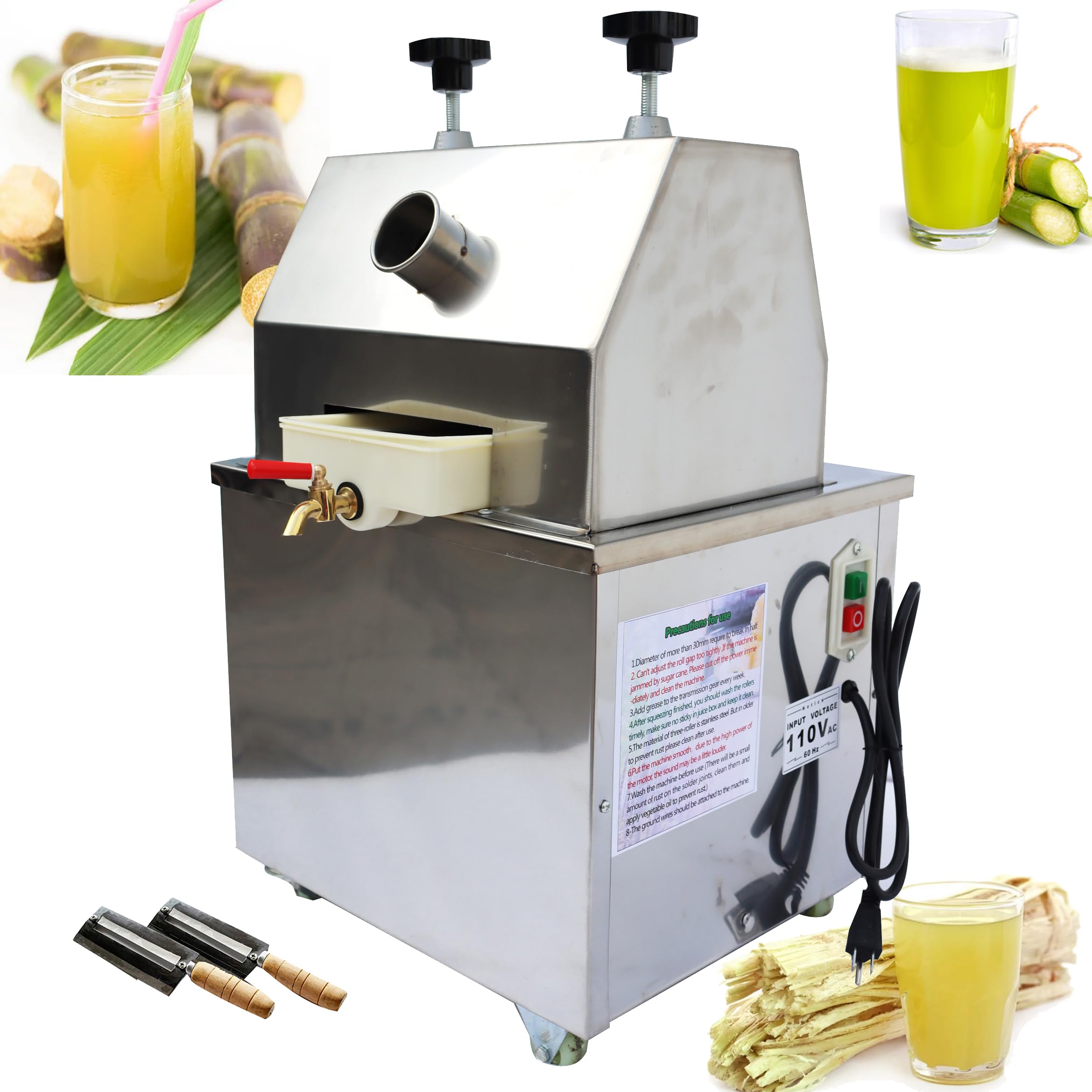 INTBUYING 1100W Electric Sugar Cane Juicer Machine - Commercial Stainless Steel 3-Roller Sugarcane Press Extractor with 661LBS/H Output, Includes 2 Knives & Filter - Perfect for Home Juice Bars, Street Vendors & Restaurants