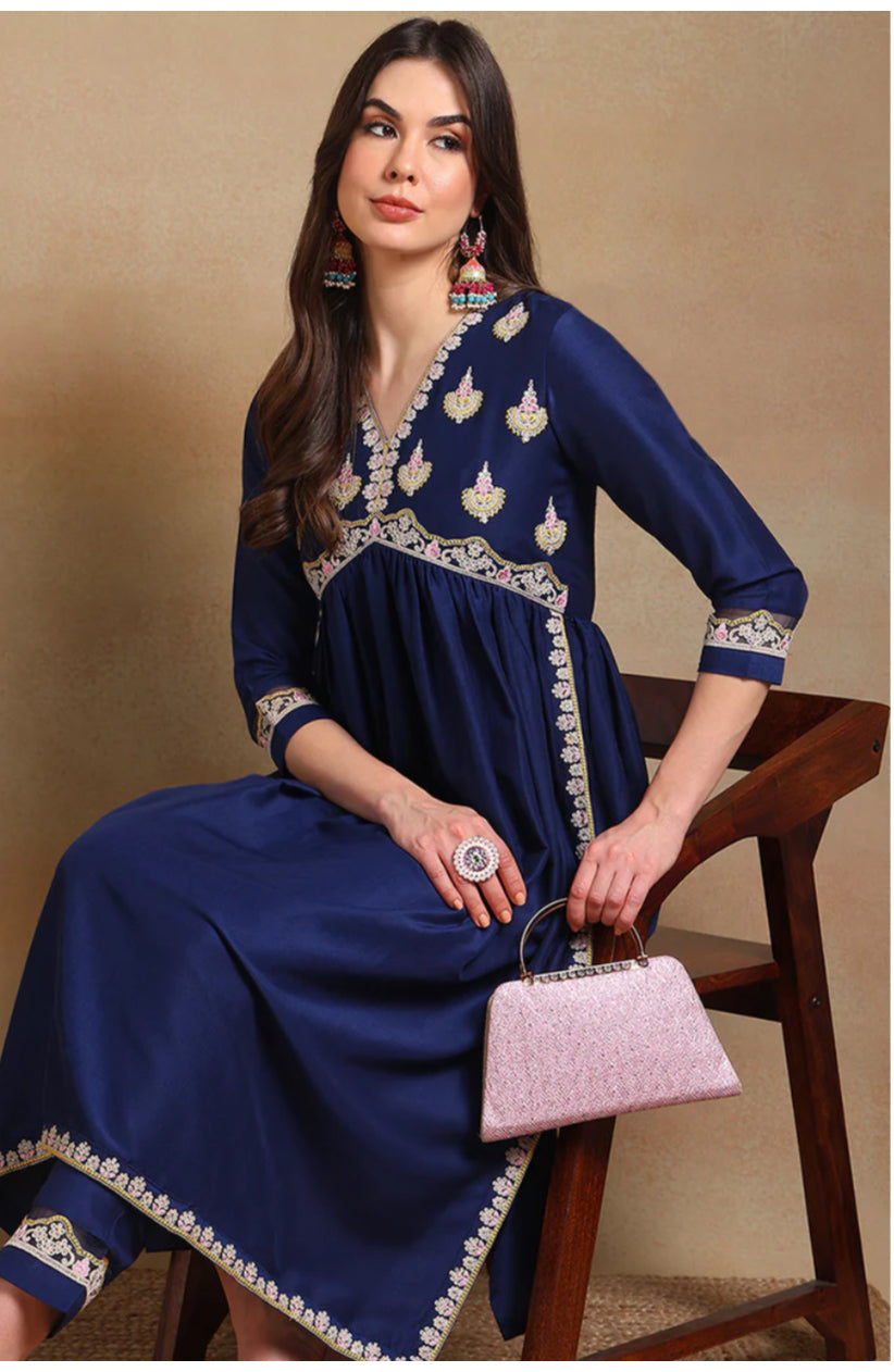 Navy Blue Silk Blend Embroidered Flared Kurta Set for Women | Elegant Indian Ethnic Wear | Perfect for Festivals, Weddings & Parties