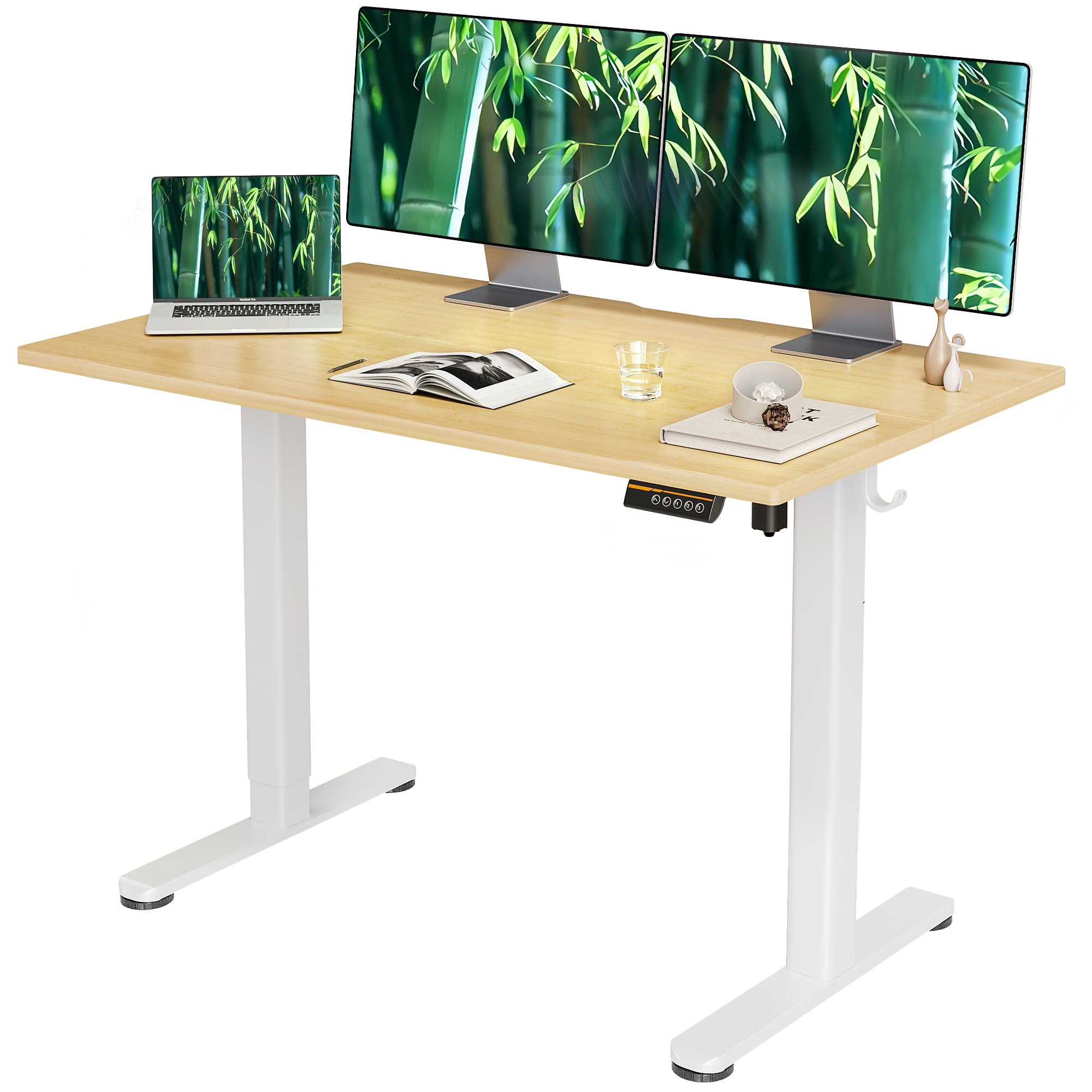 Claiks 48x24 Inches Bamboo Electric Standing Desk - Adjustable Height Sit Stand Desk for Home Office, White Frame with Bamboo Top & Splice Board - Perfect for Remote Work, Gaming, and Ergonomic Workspaces