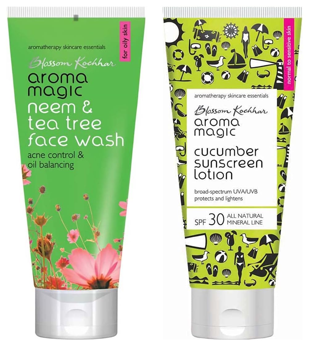 Aroma Magic Cucumber Sunscreen Lotion SPF 30 - 50ml & Neem Tea Tree Face Wash - 100ml | Daily Sun Protection & Acne-Fighting Skincare Routine for Oily & Sensitive Skin