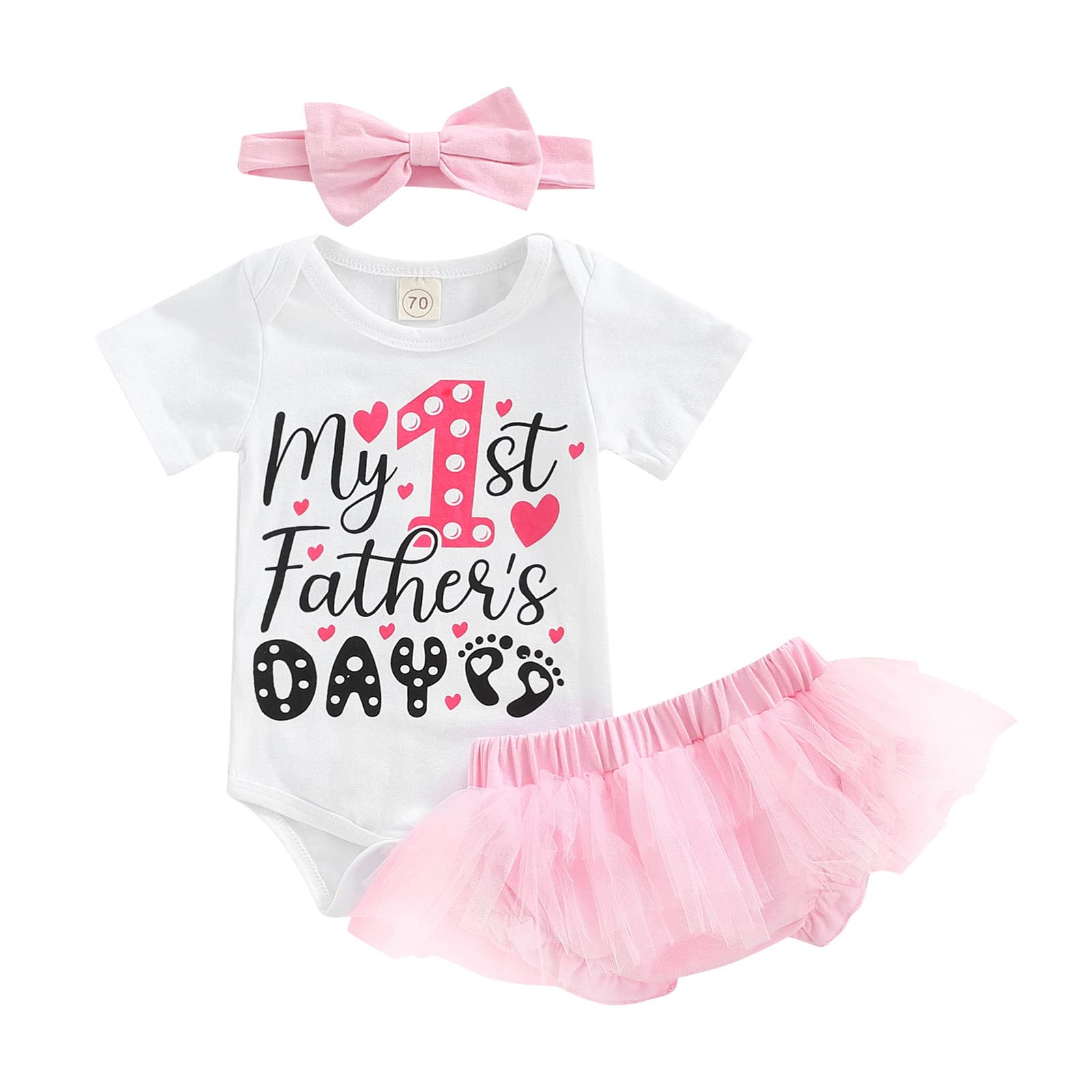 Father's Day Baby Girl Outfit - Short Sleeve Letter Print Romper with Ruffle Diaper Cover & Tulle Bloomers Set + Headband | Cute Photo Shoot, Special Occasion, Birthday Party Outfit