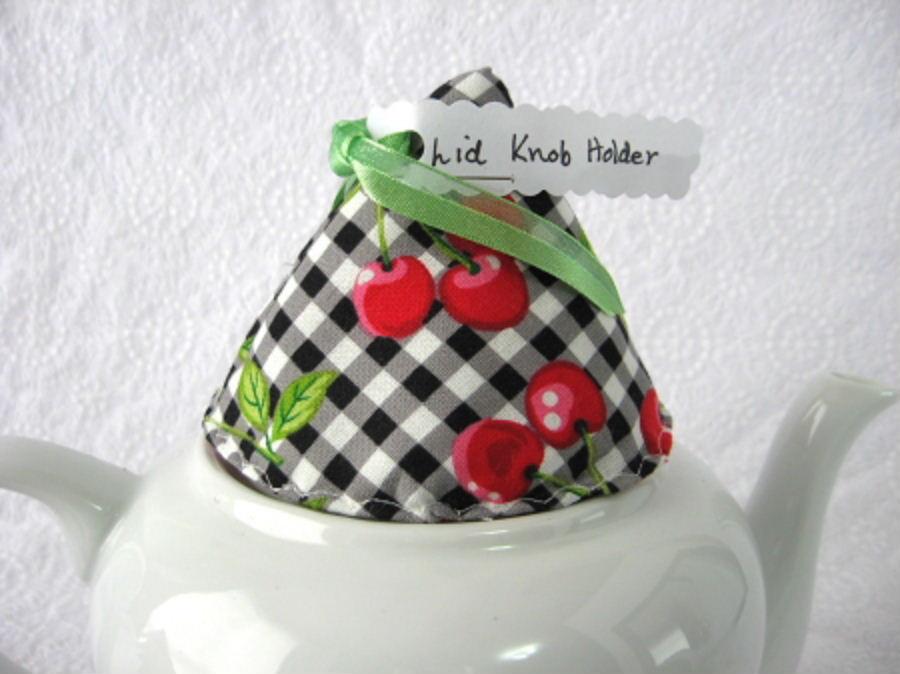 Handmade Black and White Cherry Padded Lid Knob Holder - Teapot Lid Grip for Safe and Secure Handling - Perfect for Tea Lovers, Kitchen Accessories, and Home Decor