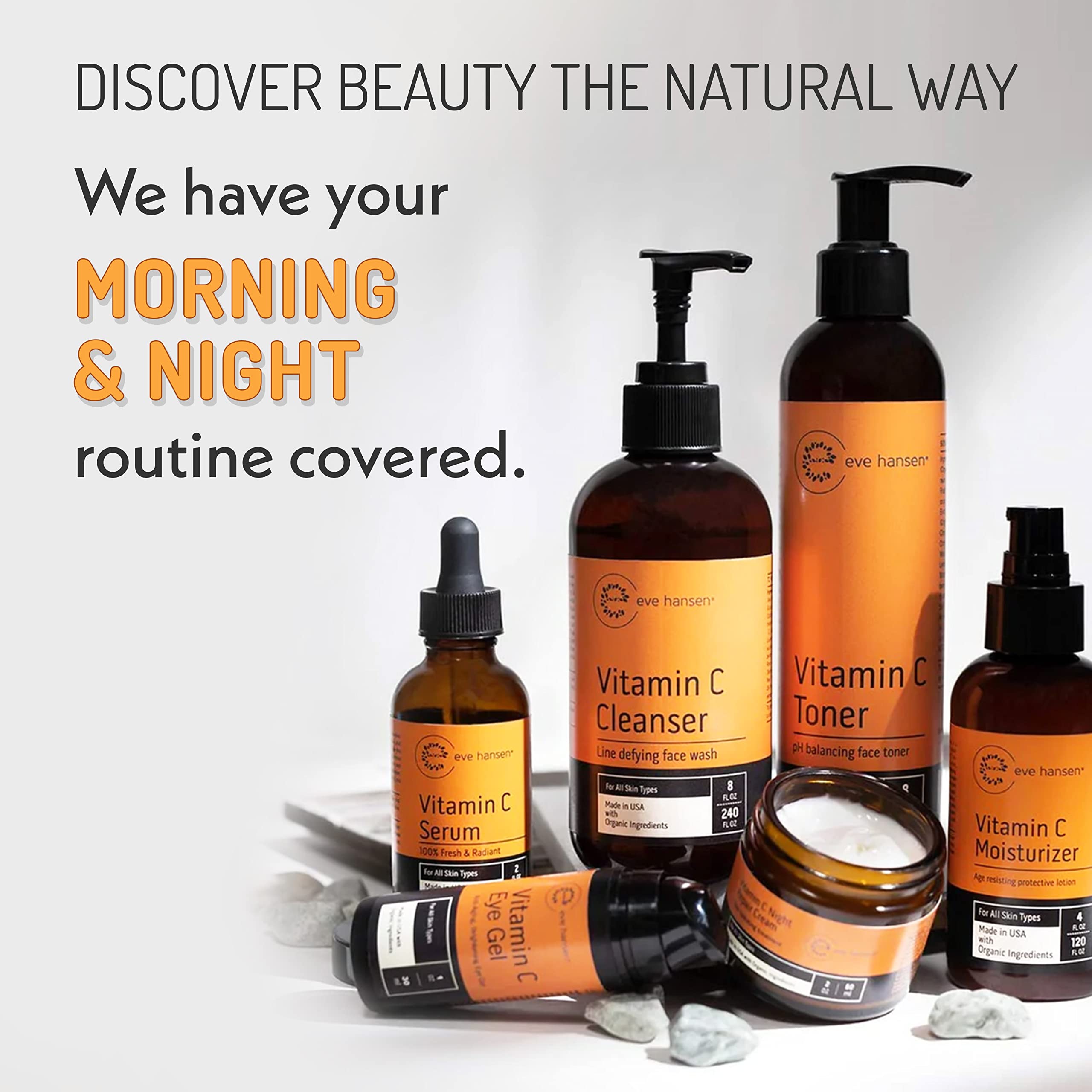 Eve Hansen Night Skincare Bundle – Vitamin C Cleanser, Vitamin C Toner, Rose Water, Retinol Serum & Night Repair Cream – Hydrating & Nourishing Skincare for All Skin Types – Perfect for Evening Routine & Anti-Aging Care