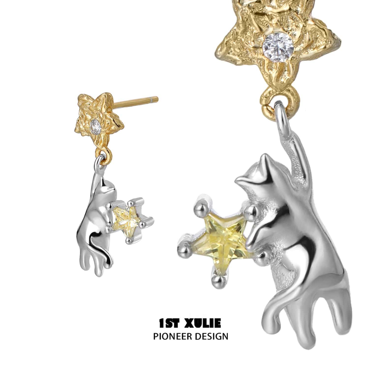 CAT'S GAZE S925 Sterling Silver Zirconia Cat Dangle Earrings - Elegant Jewelry for Women, Perfect Gift for Cat Lovers & Everyday Wear
