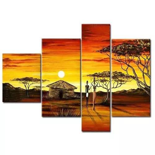 African Painting - 4 Piece Canvas Wall Art, Large Acrylic Landscape Artwork, African Woman Village Sunset Scene - Perfect for Living Room, Bedroom & Office Decor