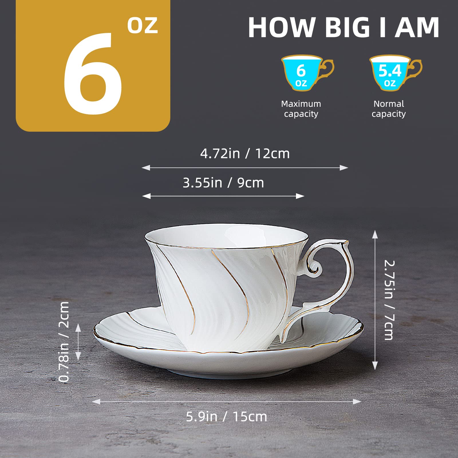 6-Piece Porcelain Tea Cup and Saucer Set - 6oz Elegant White with Gold Trim for Tea, Coffee, Latte, Mocha - Perfect for Afternoon Tea Parties, Bridal Showers, and Cafe Dining